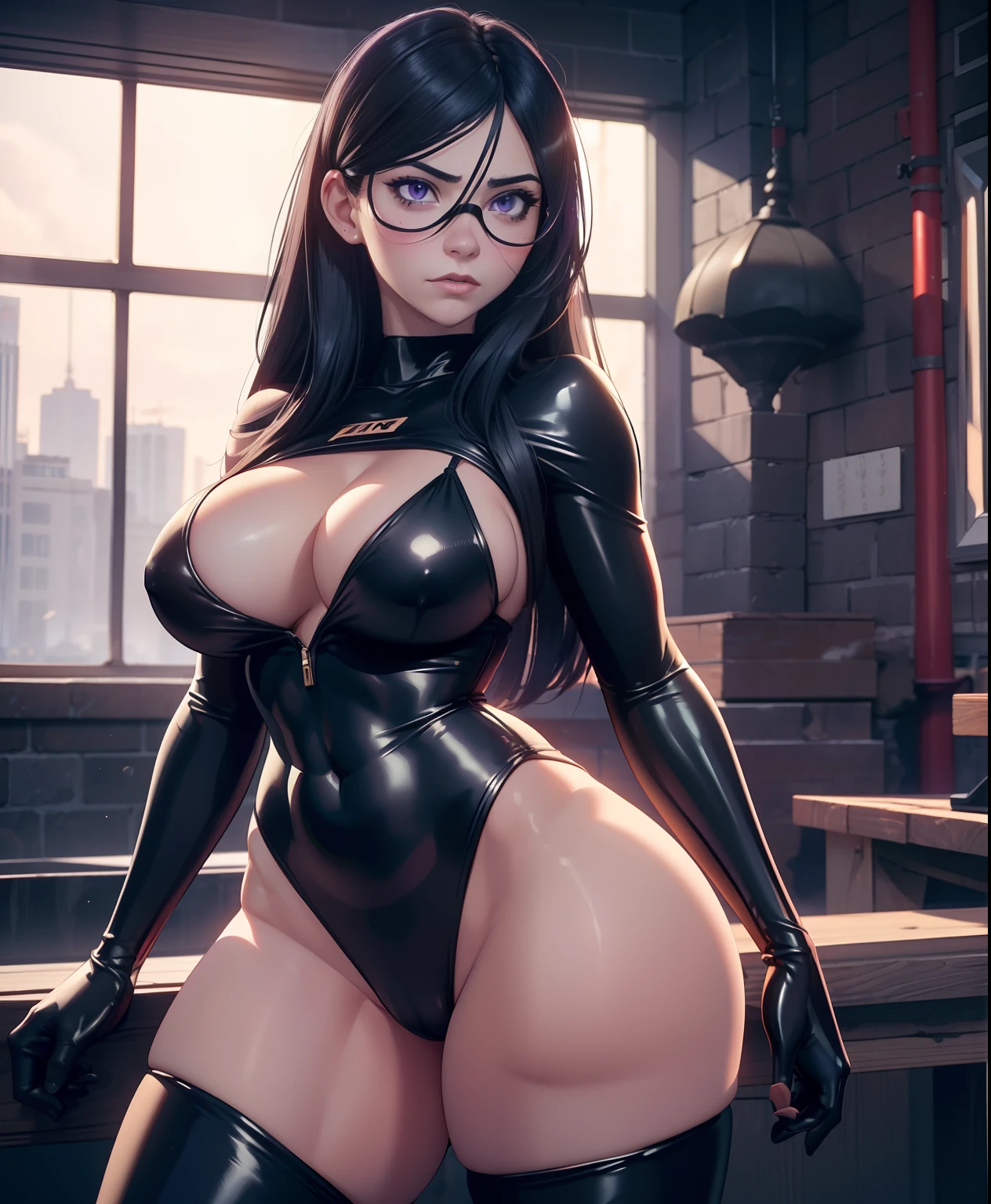 The generated prompt can be："violet parr,latex outfit,long black hair,vivid purple eyes,smoky makeup,big round butt,perfectly sculpted abs,(best quality,4k,8k,highres,masterpiece:1.2),ultra-detailed,(realistic,photorealistic,photo-realistic:1.37),portrait,dark and moody lighting,vivid color grading, sexy face, blushing, oiled up, nsfw, small tits, cleavage towards camera, big cameltoe, huge ass, curvy, exposed breast, nip slip,