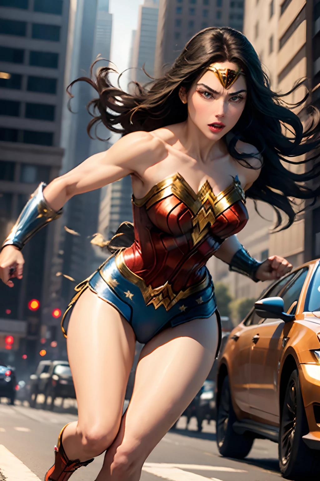 Wonder woman, Portrait photo by Altgarm, realism style, Glowing skin, Cartoon hero, Defined lips, Strong physical strength, Feminine body, Full body, viewer, Depth of field f/1.8, Building Street, natta, Neon light, ultra wide lens, ((Shooting from below)), large udder,
