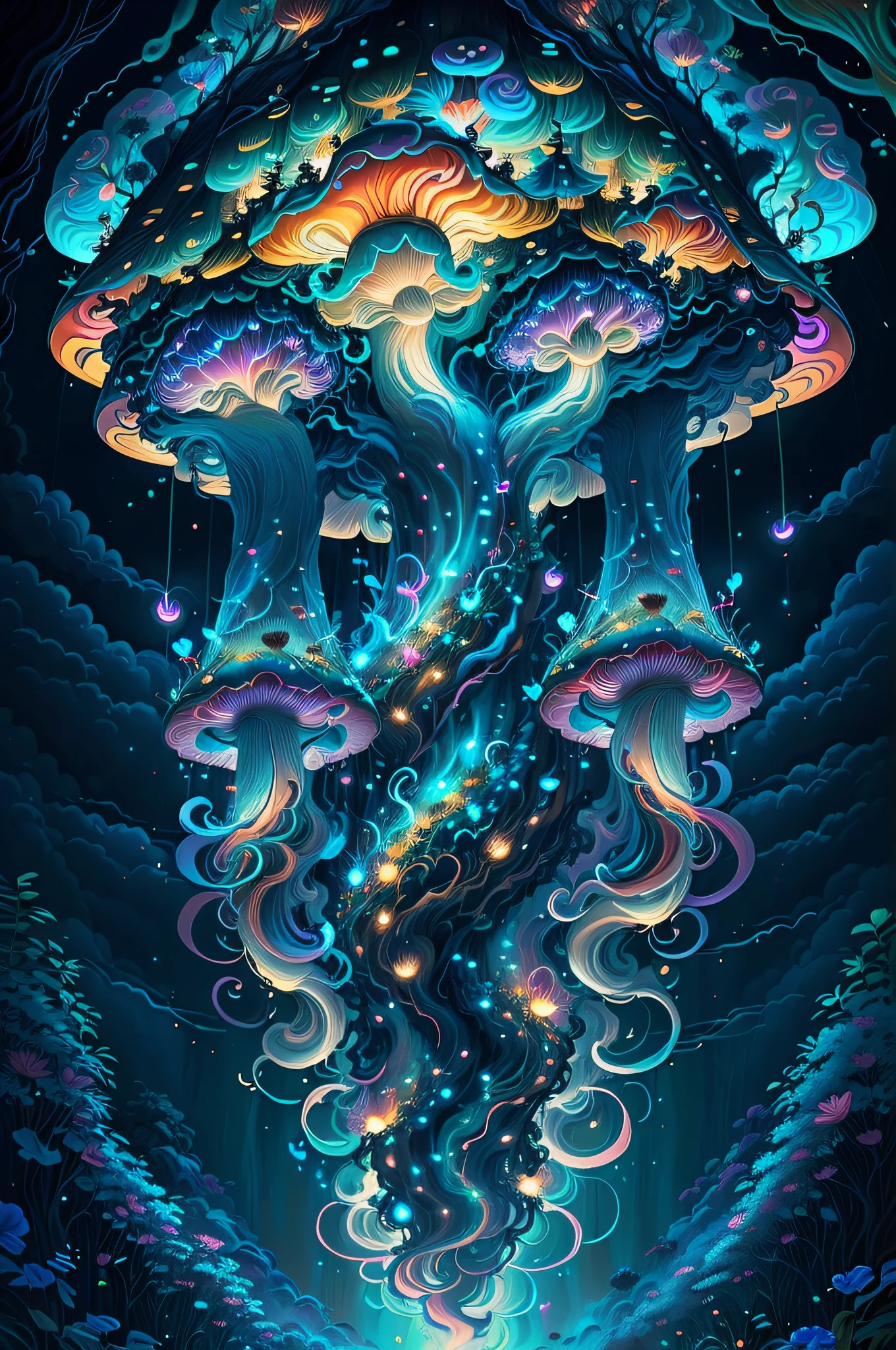 (Swirling clouds and colorful flowers), (forest fireflies fantasy korean mushroom kingdom), (midnight), (Irregular), (mysterious), (ridiculous), dreamy, disney, t shirt design, vector,