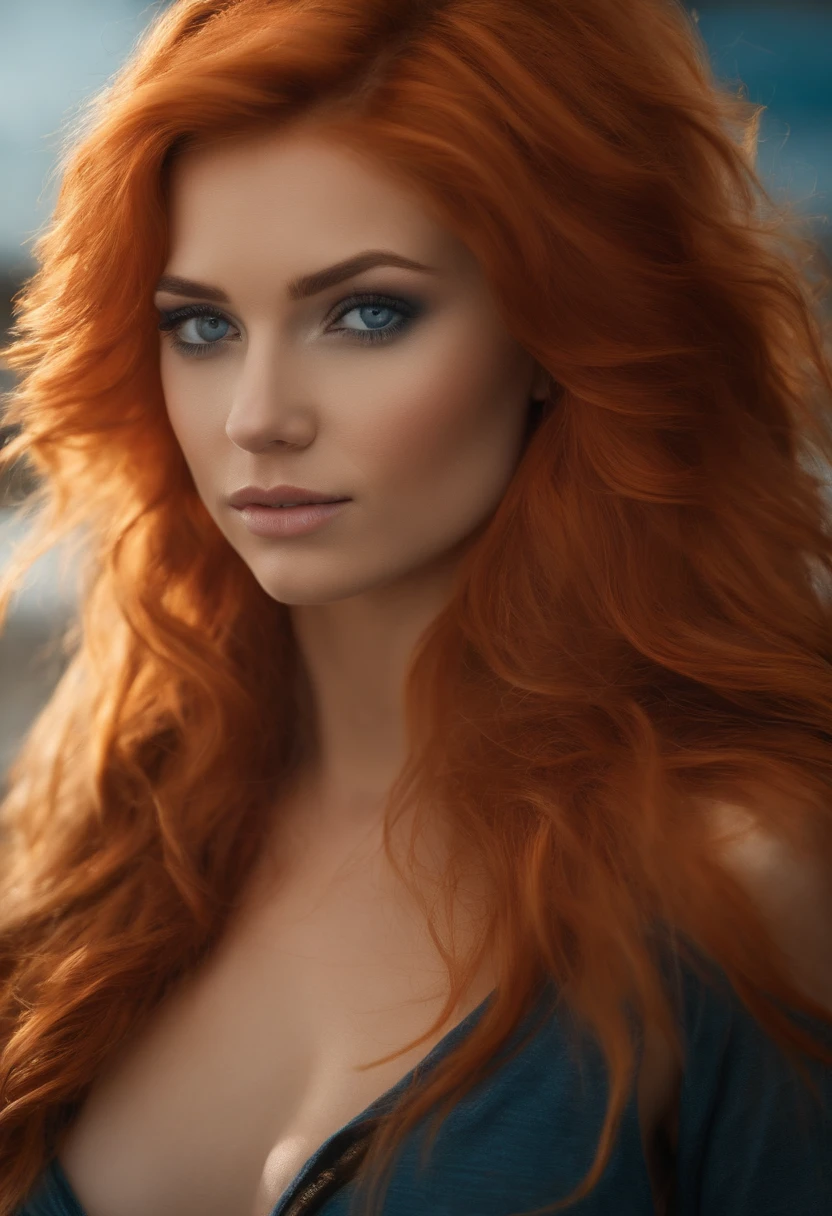 24 years old girl, hirsute orange hair, blue eyes, muscular