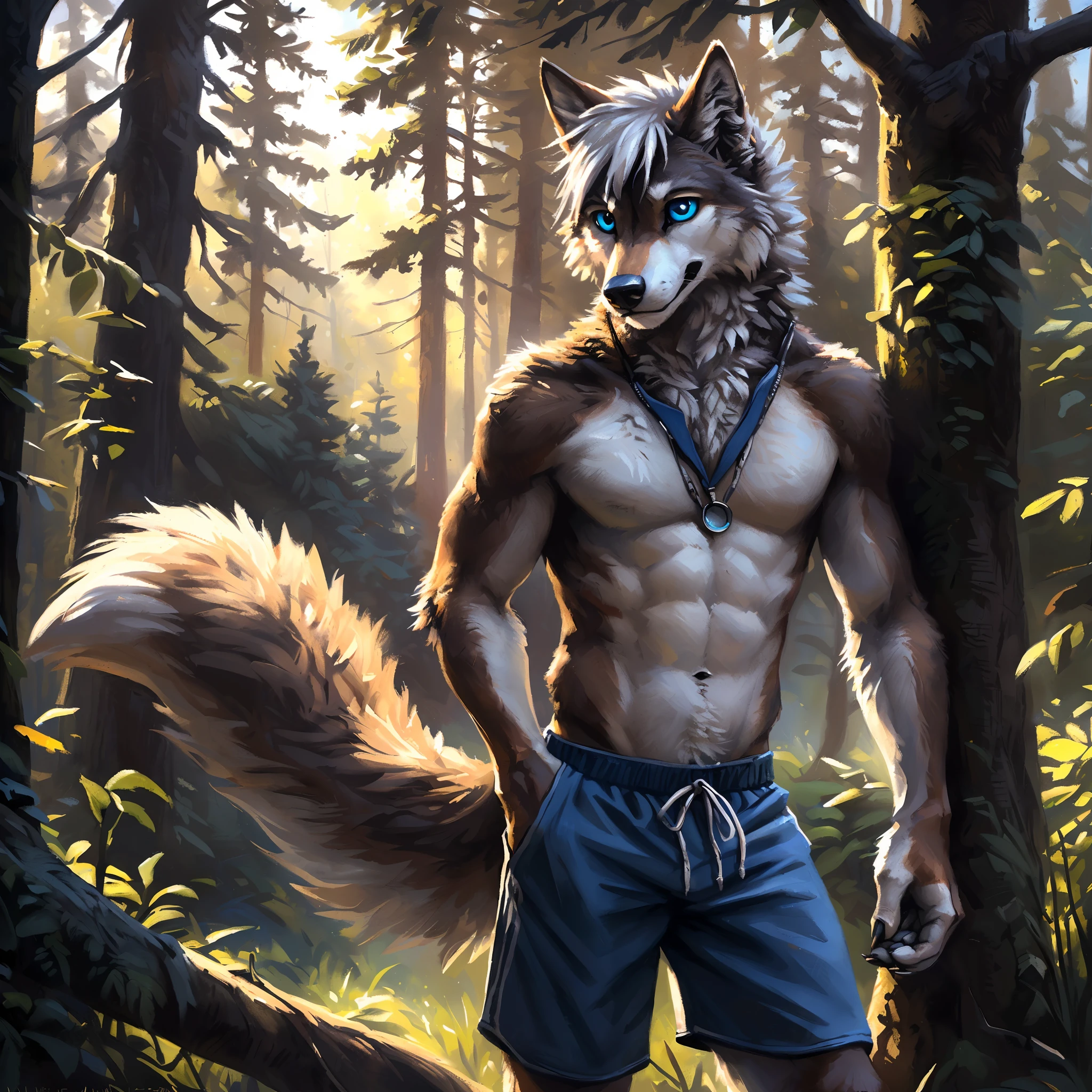((Solo)), male people, anthro wolf, (Multi-colored fur, White-brown:1.3,White tail pointed), ((Wolf face, White hair, Big eyes, White eyelids, Blue pupil, Slim:1.2) (Tough, Calm expression:1.2)), Abs, Slim, pinging)), (Correct anatomy), (Work shorts:1.1), The upper body is naked, (detailed outfits),A big tail,Feet,(Realistic fur, Detailed fur texture, labeled:1.3)), (Natural lighting), Photorealistic, Hyperrealistic, ultradetailed, by Kenket,ln the forest,No artificiality