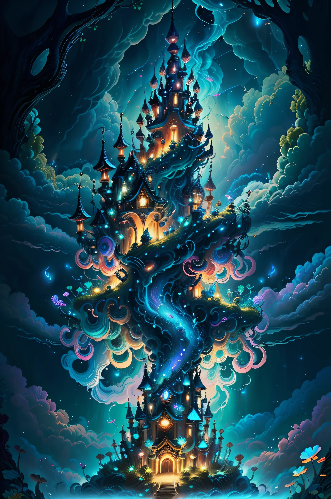 (Swirling clouds and colorful flowers), (forest fireflies fantasy korean mushroom castle kingdom), (midnight), (Irregular), (mysterious), (ridiculous), dreamy, disney, t shirt design, vector,