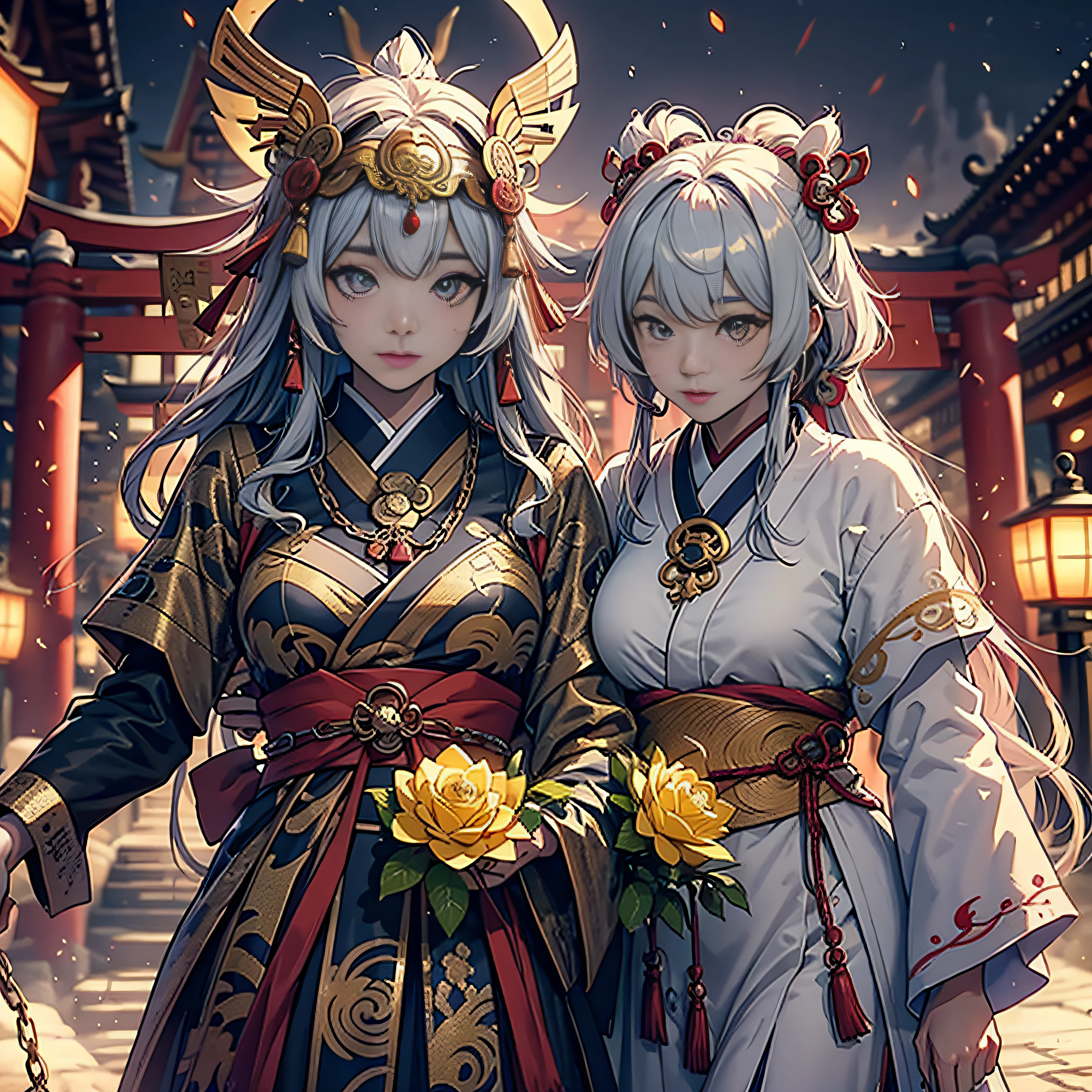 (masterpiece:1.2)、top-quality、(illustratio:1.2)、ornate decorations、(Masterfully crafted Glow、lensflare)、(ultra-detailliert)、Hyper-detailing、(delicate detail)、(intricate detailes)、(Cinematic Light、best quality backlight)、(Bioluminescent hair)、(radiant eyes)、(Dynamic:1.2)、((make - up))、absolutely eye-catching、prehistory、((Splash of colorful paint on background、dulux、))、((coustics))、dynamic ungle、(魅惑的)、(Intricately detailed cinematic:1.1)、Ambient Occlusion、ambient lights、ray tracing reflection、(The best lighting、extremely delicate and beautiful)、((Movie Light))、colourfull、powerfull、(Cinematic Masterpiece)、big dreamy eyes、perfectly proportions、perfectly drawn face、albedo、White hair、chain、comfy、Intense days々々々々々々々々々々々々々々々々々々々々々々々々々々、golden sky、seductiv、illustratio、Angels everywhere、yellow eyes、A red rose、chains、splashes of colour、smooth soft skin、the golden hour、Atmosphere、a park、nobara、bullets、Breathtaking、Ambient light coming from the sky、 chain、godrays、The halo、beautiful intricate colored hair、Symmetrical and soft lighting、concept-art、digitial painting、Take a peek at the scenery、realistic reflection、Soft and warm glow coming from tracers everywhere Amaterasu , Incarnation of the Sun, Supreme God of Japan, The god of ancient Japan and the deification of the sun. Ancestors of the Emperor of the Japan, Shinto deity of Japan, Amaterasu Colorful、highestdetailed Tsukiyomi Dojin, Tsukiyo Mizun, Moon incarnation, Supreme God of Japan, The god of ancient Japan and the deification of the moon. Ancestors of the Emperor of the Japan, Shinto deity of Japan, Amaterasu's sister, The background is the Japan shrine sisters, The background is a shrine of Japan Colossal tits plump udder