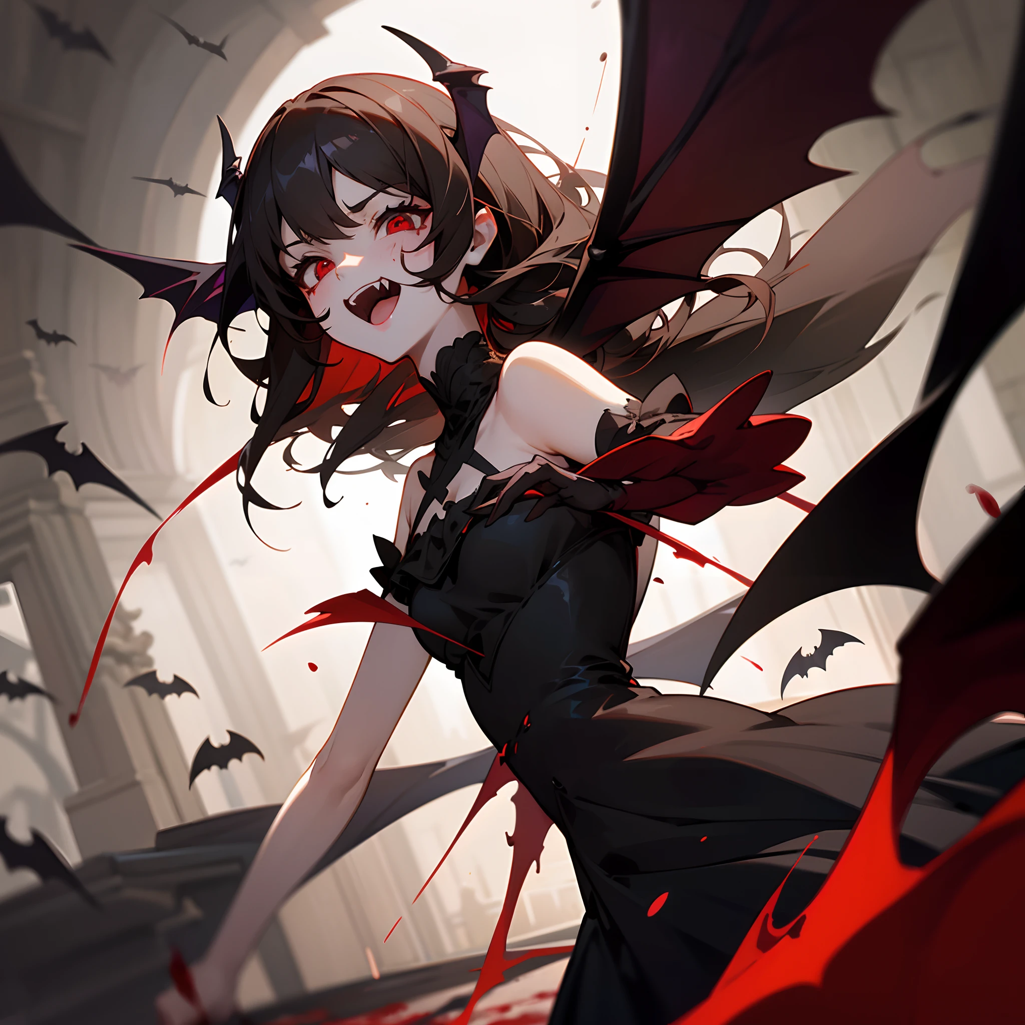 His chest was covered in blood、Anime girl with blood dripping from her chest, gapmoe Yandere grimdark, Devil anime girl, Shatia Bradfren, Bad guy anime 8k, Yandere intricate, portrait gapmoe ，European classical long dress， grimdark, Vampire Girl, bloody + Concept Art, Yandere, Anime style 4k, Open mouth and bite，Blood at the corner of mouth，Small tiger teeth，Devil Wings， Gothic girl anime long skirt，Red Moon，castle
