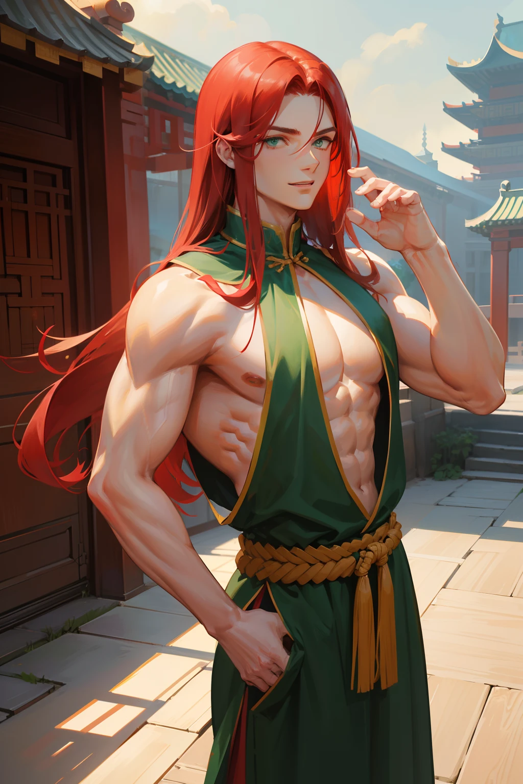 Male. green eyes. Big pecs. Tousled long red hair. Masculine posture. Strong jawline and an absolutely happy expression. Wears a tight western monk habit. Standing upright on middle of a chinese palace. Revealing pecs.