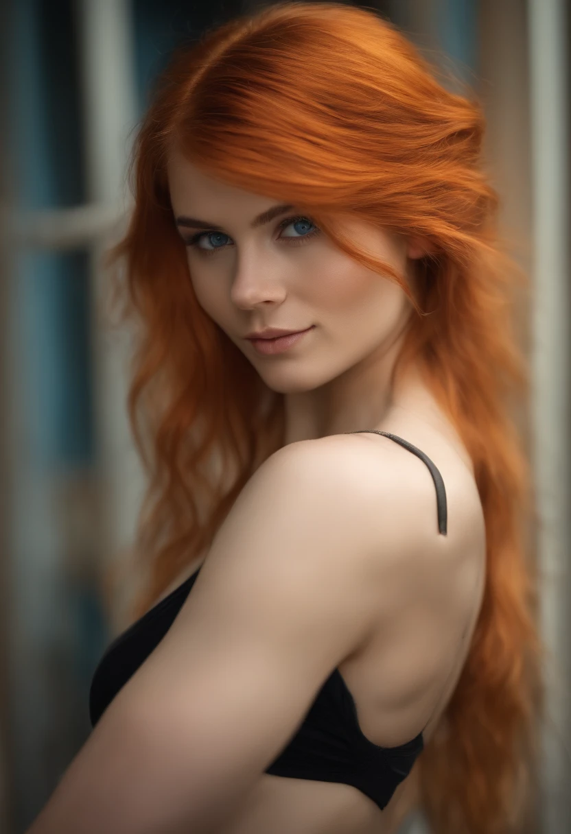 21 years old girl, hirsute orange hair, blue eyes, muscular