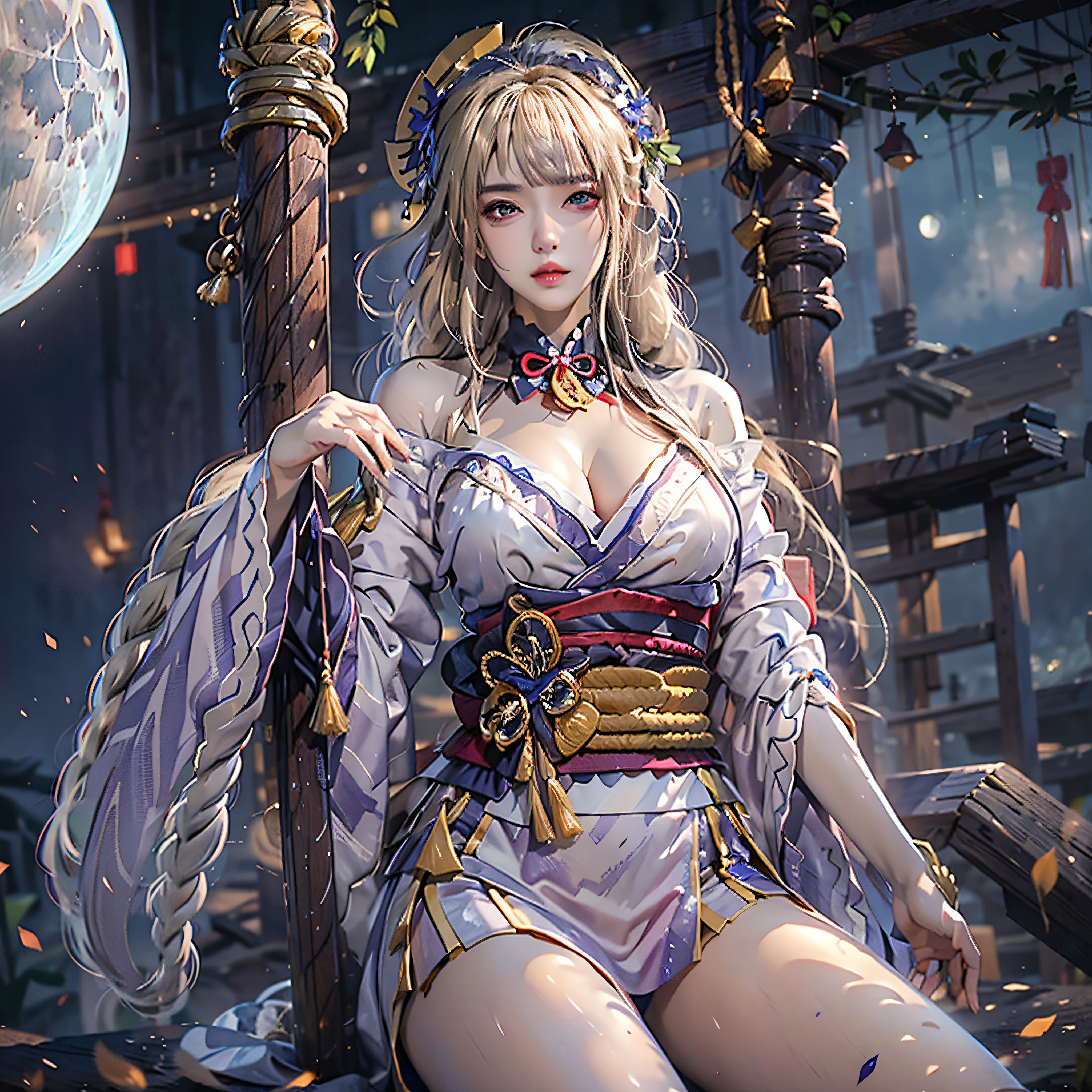 Photorealistic, High resolution, 1人の女性, hips up high, Blonde hair, Blunt bangs, 1 braid, Wide sleeves, Hair Ornament, Beautiful eyes, huge udder, Moon General Costume、full body Esbian、A bell hangs on his chest、Komono、A sexy、Overexposed