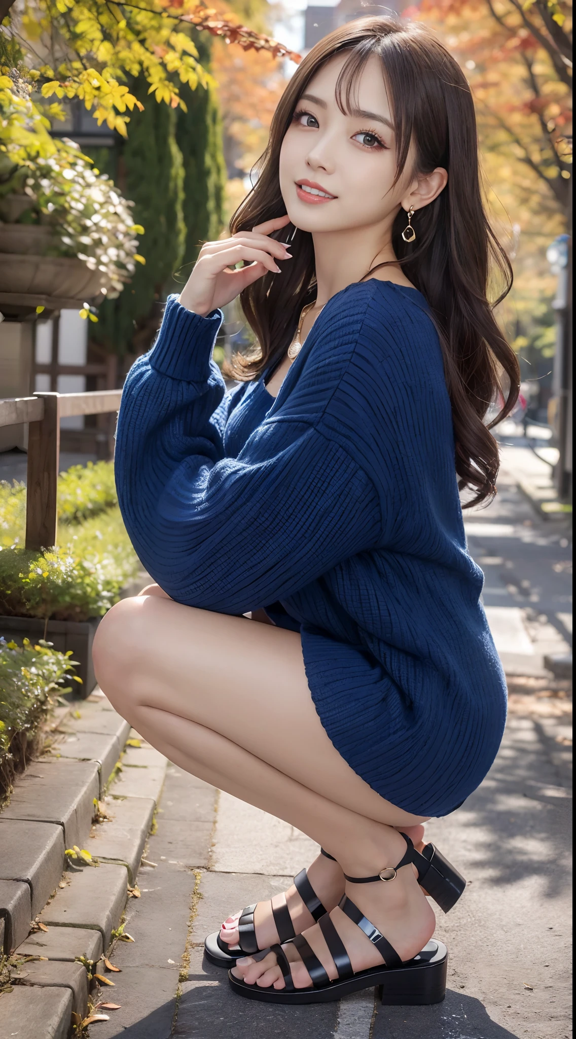 (masutepiece:1.3), High resolution, ultra-detailliert, the Extremely Detailed CG Unity 8K Wallpapers, Realistic, Photorealsitic, Raw photo, (beautifull detailed face), pale skin, Realistic skin, Detailed Cloth Texture, detailed hair texture, super model, Beautiful face, acurate, Anatomically correct, Highly detailed face and skin texture, Natural neck length, (Shiny little diamond necklace and earrings:1.1), (Beautiful hands), (Fair skin:1.2), thin legs, Thin feet, Sexy thighs,
BREAK,
Detailed eyes, Symmetrical eyes, Brown eyes, Double eyelids, Thin eyebrows, (Glossy lips:1.4), (Gentle smile:1.2),
BREAK,
(a very pretty girl:1.3), (Wearing a royal blue knitted dress:1.2), (strap sandals),
medium large breasts, cleavage, (firm breasts, nice shaped breasts, Slender figure:1.1),
(Layered hairstyle, dark brown hair, Wavy Hair), (Medium Long Hair:1.2),
BREAK,
(squat facing the front with your chin lifted and your legs closed:1.2), (At the ginkgo tree avenue:1.2), ((Autumn foliage scenery:1.3)),
((Japanese「kyoto」In the「Lanshan(Langshan)(Langshan)(Langshan)(Langshan)」で:1.2)), (upperbody shot:1.2), ((Looking at Viewer:1.2)), ((from the front side:1.3)),