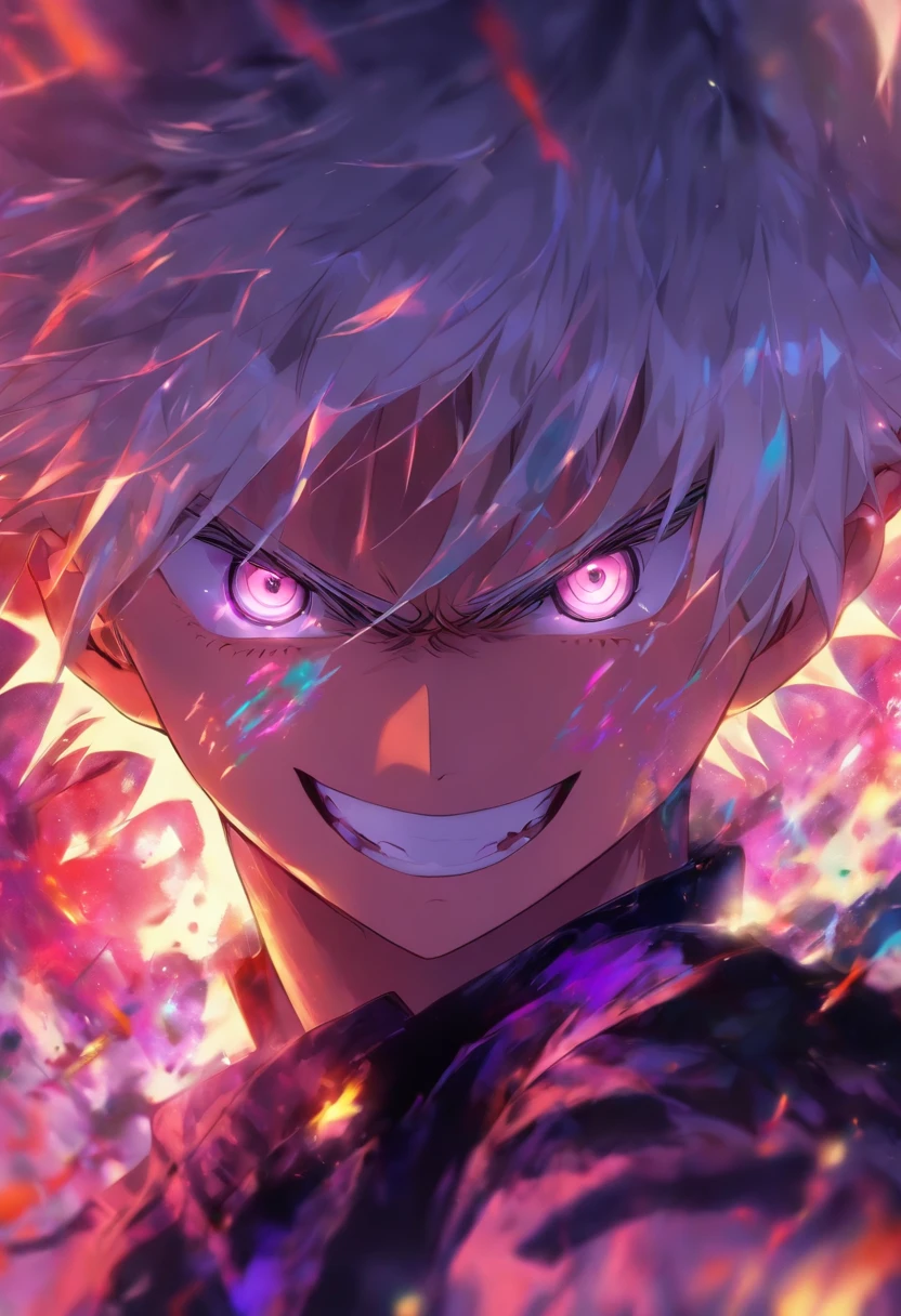1 boy、A white-haired、purplish white eyes、maniacal grin、short messy hair、Portrait 、handsome 、heterochromia 、hair covering right eye
