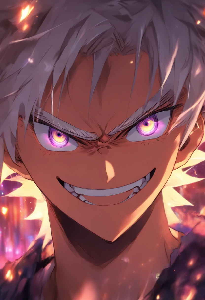 1 boy、A white-haired、purplish white eyes、maniacal grin、short messy hair、Portrait 、handsome 、heterochromia 、hair covering right eye