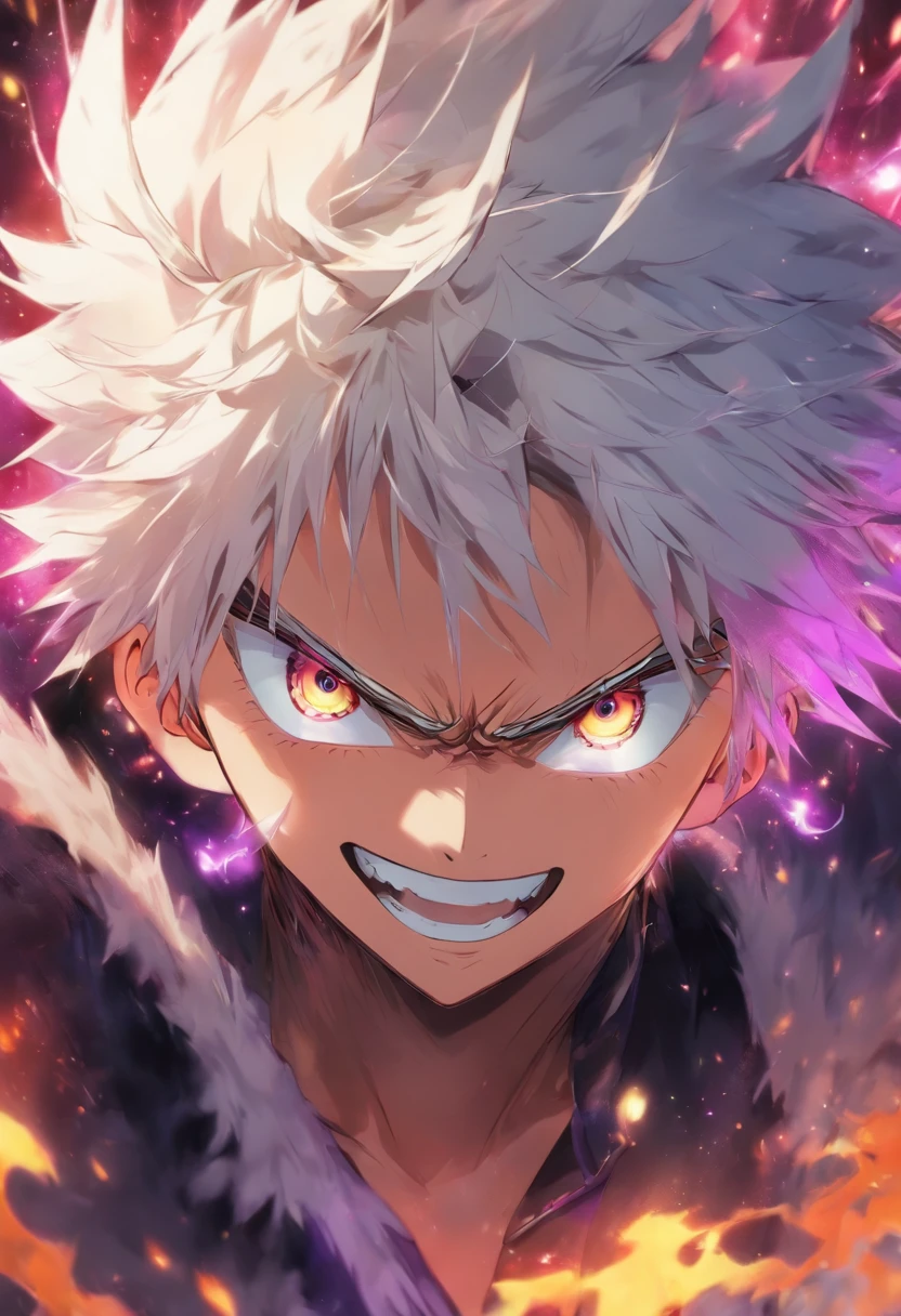 1 boy、A white-haired、purplish white eyes、maniacal grin、short messy hair、Portrait 、handsome 、heterochromia 、hair covering right eye