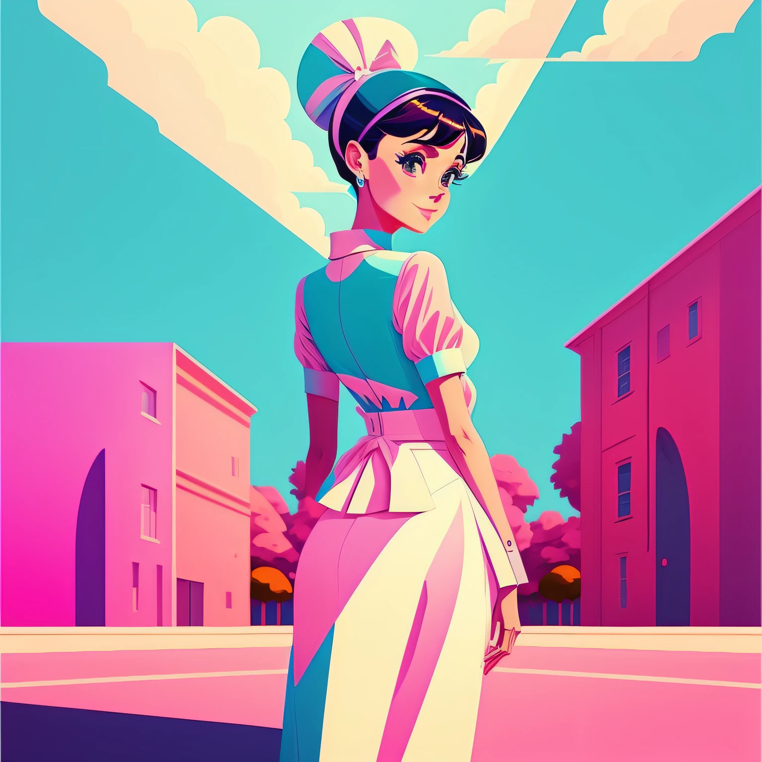 Audrey Hepburn sorrindo de corpo inteiro, standing on her feet, in a dynamic pose wearing a trendy outfit, desenhada pela Gucci::3, Tumblr, inspirada no estilo Yanjun Cheng, Arte Digital, meme lofi garota internet, Trend in Dezeen, catalog photo, 3 d render bipe, Rhads e Lois Van Baarle, Cartoon style illustration, cores pastel brilhantes, a beautiful artwork illustration, garota de anime retro --ar 2:3 --q 2