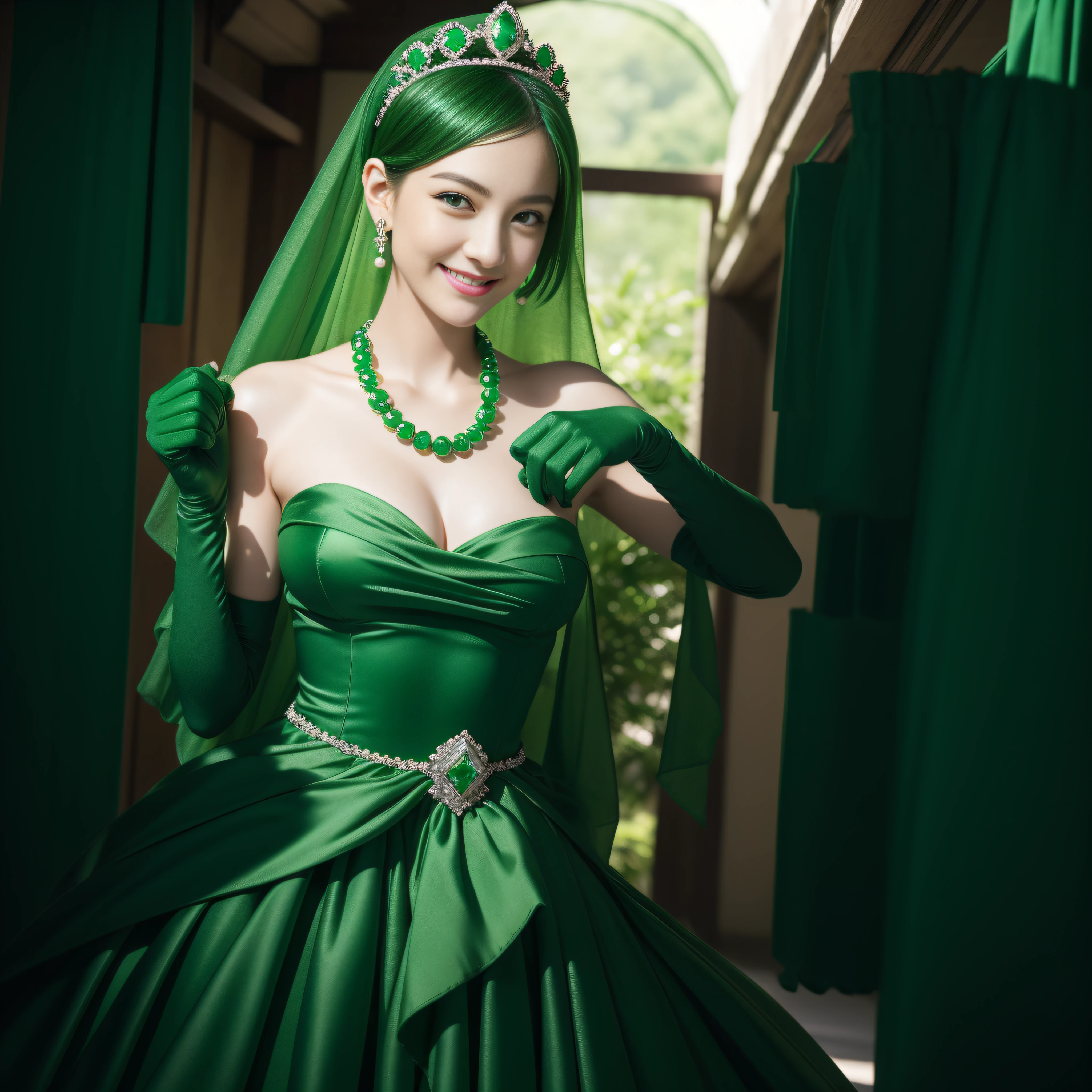 Emerald tiara, Green Pearl Necklace, Boyish very short green hair, lipstick, Smiling Japanese woman, Very short hair, Big tits beautiful, Green Eyes, Long green satin gloves, Green Eyes, Emerald Earrings, Green Veil, v sign