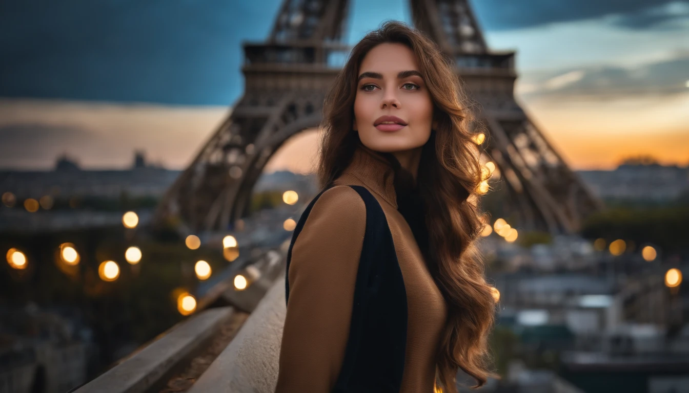 A woman standing in front of the eiffel tower at sunset - SeaArt AI