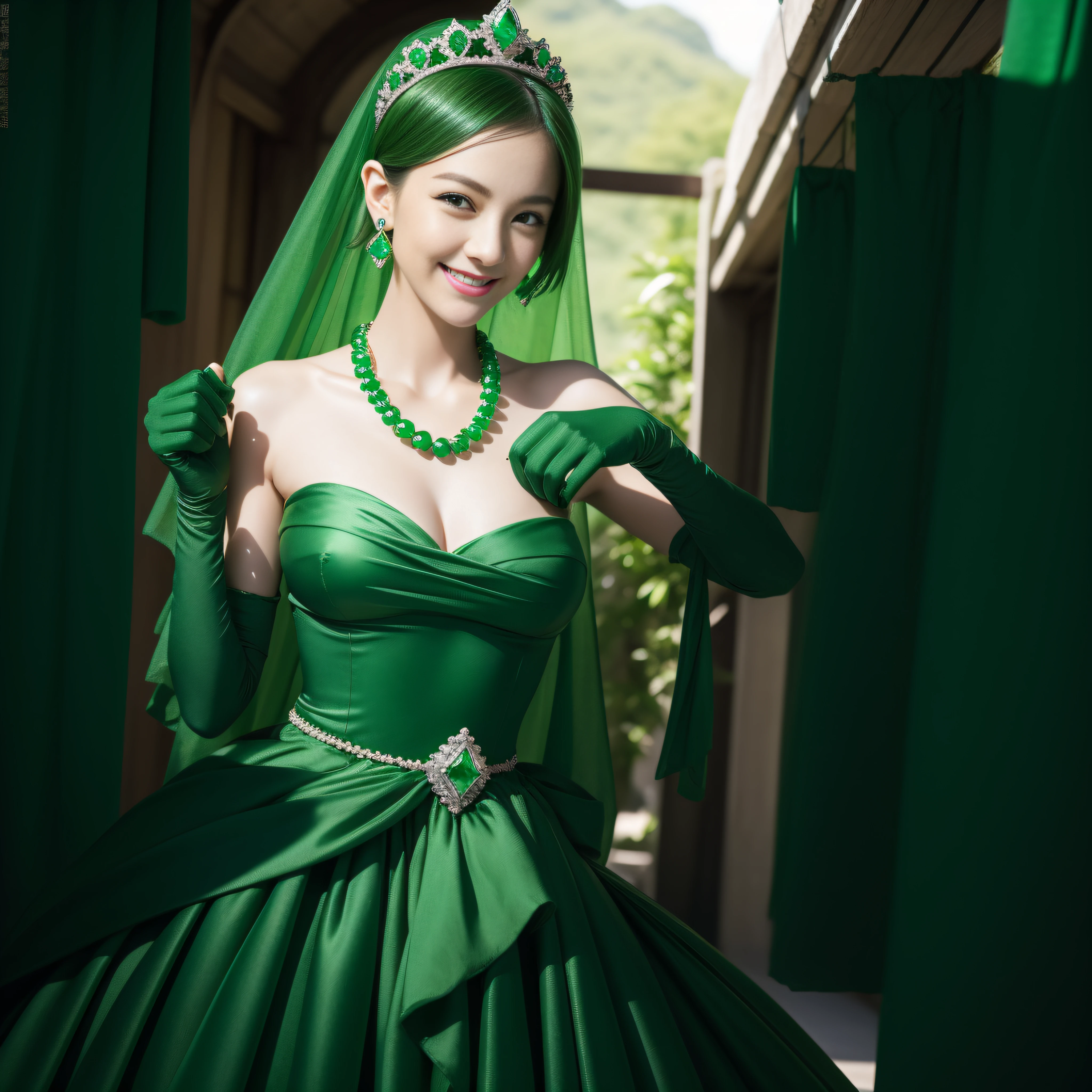 emerald tiara, Green Pearl Necklace, Boyish very short green hair, lipsticks, Japan woman smiling, very short short hair, big breasts beautiful, Green eyes, Long green gloves made of satin material, Green eyes, Emerald Earrings, Green dress