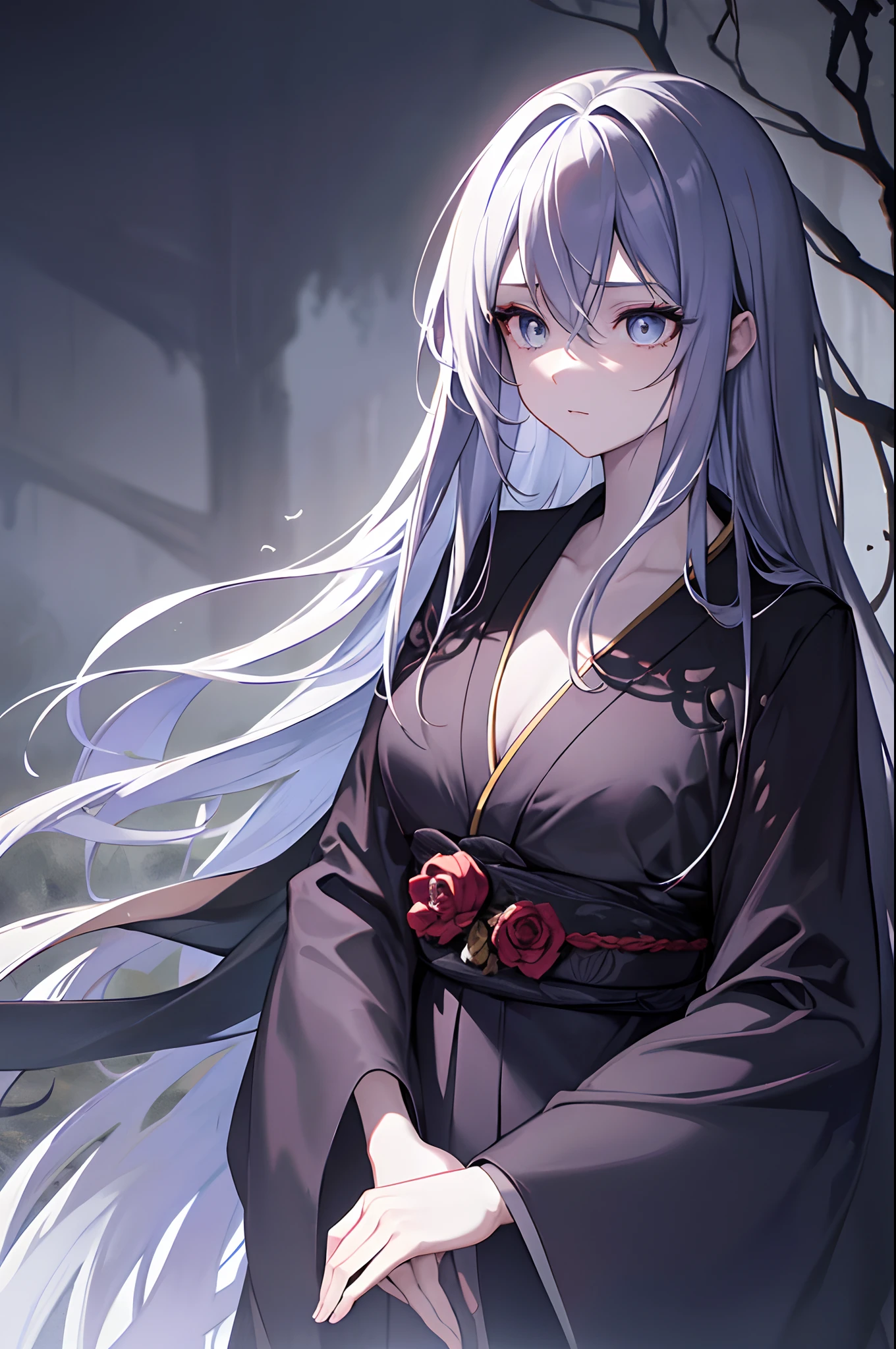 ANIME:girl standing in a dark forest,benevolent,beautiful detailed face,flowing long hair,dressed in a black kimono with intricate patterns,holding a shining scythe,backlit by an ominous moonlight,dramatic lighting casting shadows on the ground,dark and moody color palette,haunting eyes,sharp and realistic facial features,ethereal and mysterious atmosphere,stylized and dynamic artwork,enhanced by vibrant colors,ultra-detailed background with spooky trees and mist,expressive and intense emotion,creating a sense of awe and wonder,precise and careful linework,with attention to every small detail,masterful use of light and shadow,creating depth and dimension,stunning and atmospheric scene,possesses a sense of danger and power,breath-taking and captivating artwork,artistic depiction of death,combining elegance and darkness,masterpiece:1.2.