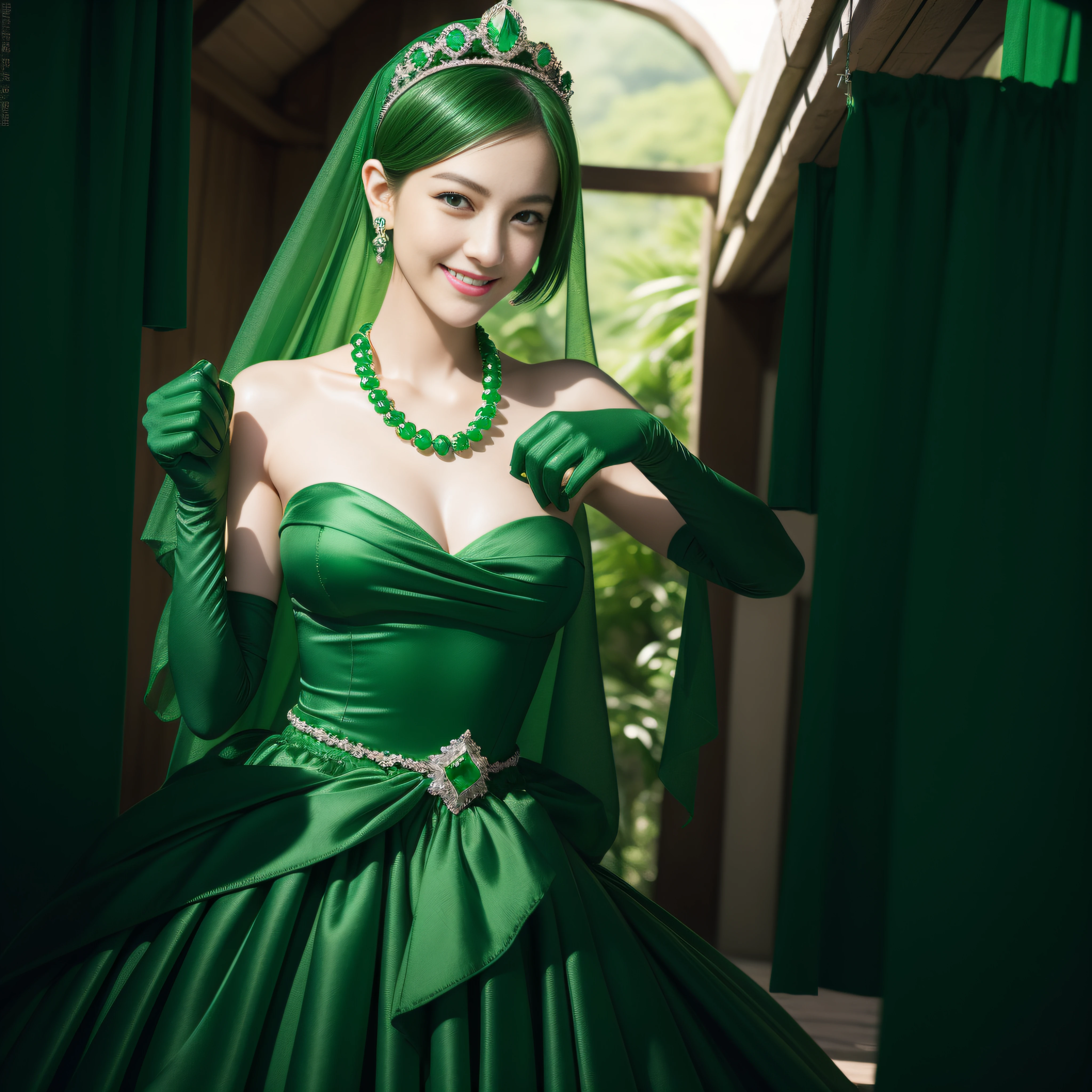 Emerald tiara, Green Pearl Necklace, Boyish very short green hair, lipstick, Smiling Japanese woman, Very short hair, Big tits beautiful, Green Eyes, Long green satin gloves, Green Eyes, Emerald Earrings, Green Veil, v sign, pregnancy, Pregnant women
