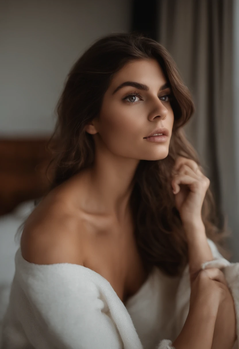A pretty sexy brown hair woman with straight hair wearing a towel around her chest, nice body with completely white background looking hot at the camera with a very cute smile, realistic eyes, smooth shiny skin
