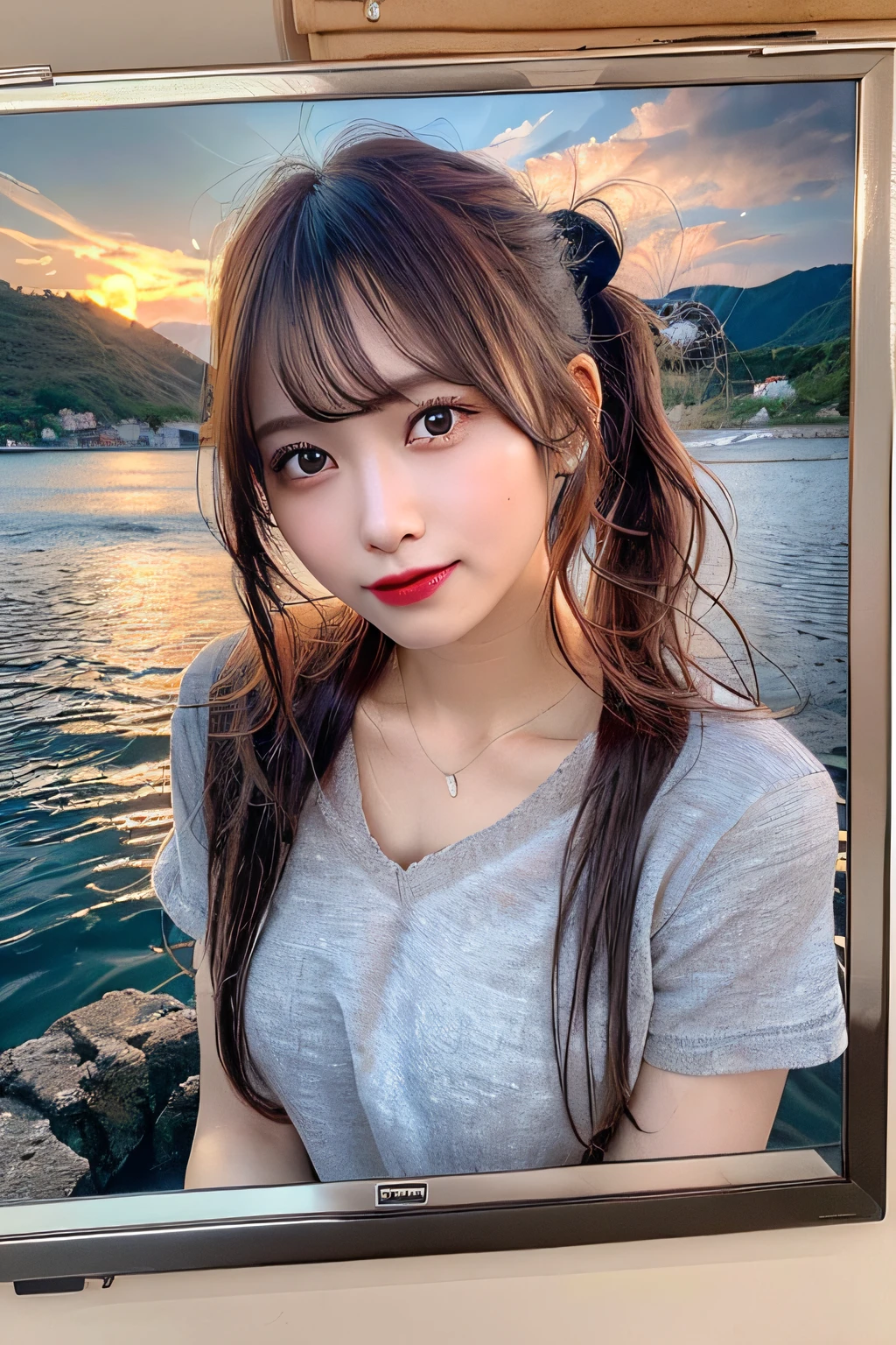 (bonfire:1.3),the setting sun,Lakeside night campsites,teepee,Girl sitting in front of bonfire、Add firewood,(V-neck tight T-shirt with chest emphasis:1.3),(Torn and tattered damaged jeans:1.3),,(The whole body is soaking wet,Rainwater dripping from the face,Wet face,wetting hair,Wet and glowing skin,Soaking wet costumes,),(Shiny silver and orange hair,Short ponytail),(The composition of the princess's face,big eye,Pointed lips,red lipsticks,Cute round face,A smile that makes the viewer happy,blushing with embarrassment,red blush,),(The 8k quality,masutepiece,,Ultra-high resolution output image,),intricate detailes,(Highly detailed raw photos:1.3),(Image Mode Ultra HD),(Sea Art 2.0 Mode),