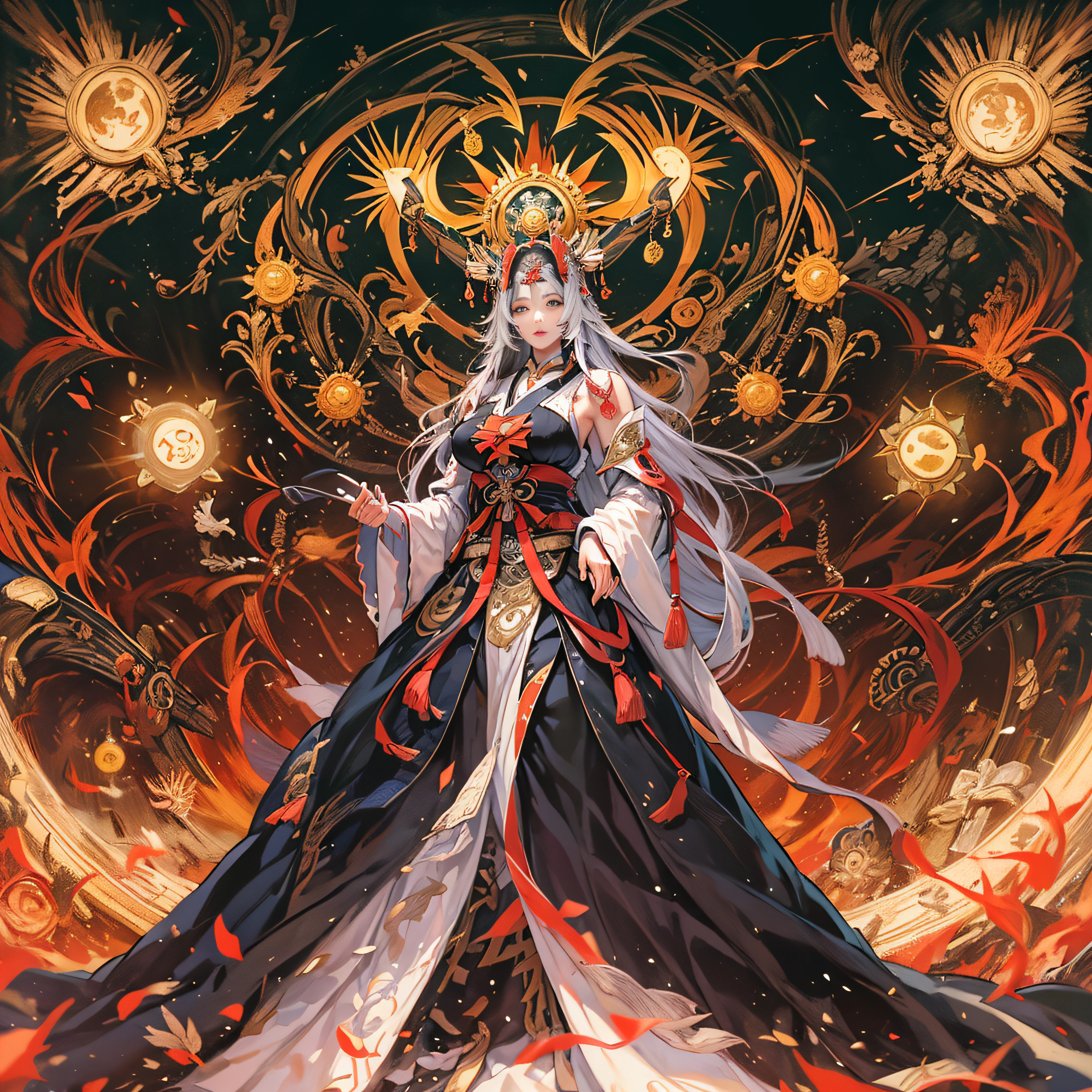 masutepiece, Best Quality,Unity 8k壁纸, ultra-detailliert, Beautiful and aesthetic, Beautiful, Official art, Amaterasu Priestess, SanDisk, Solar Flare Spell, Blessing of the Sun Goddess, ,divine intervention,Colossal tits、full body Esbian、　　huge udder　High exposure　Black costume　Black Impulse