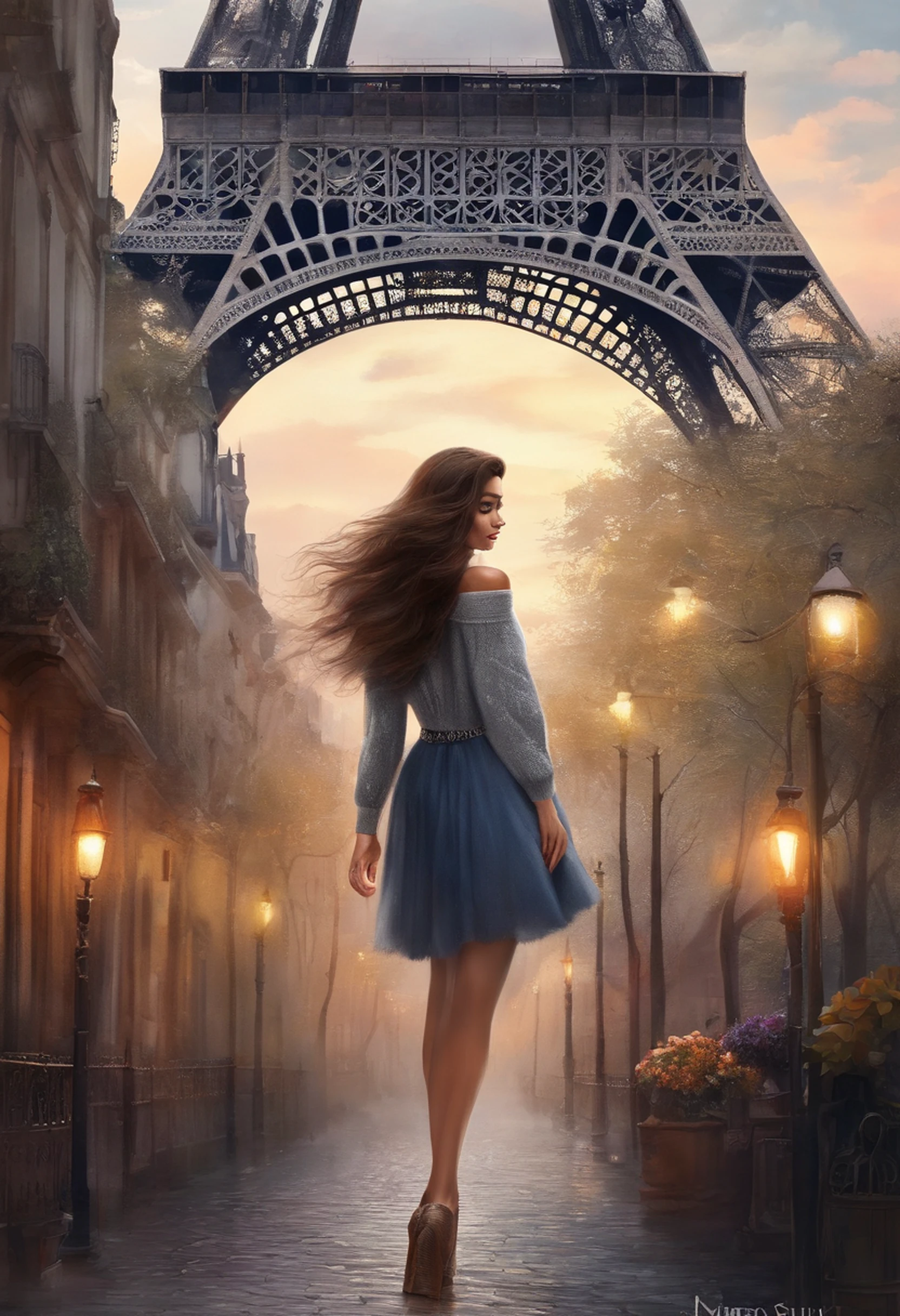 (8K、top-quality、masterpiece:1.2)、 (realisitic、Photorealsitic:1.37)、 ultra-detailliert、DJSODA、 1 girl in、full bodyesbian、Wearing a turtleneck sweater and skinny jeans、Standing in the streets of Paris with the Eiffel Tower in the background、 cute little、 Beautiful detailed sky、night, dark, moon, tiny chest、 beatiful detailed eyes、 (length hair:1.2)、 Floating Hair Novafrog Style、