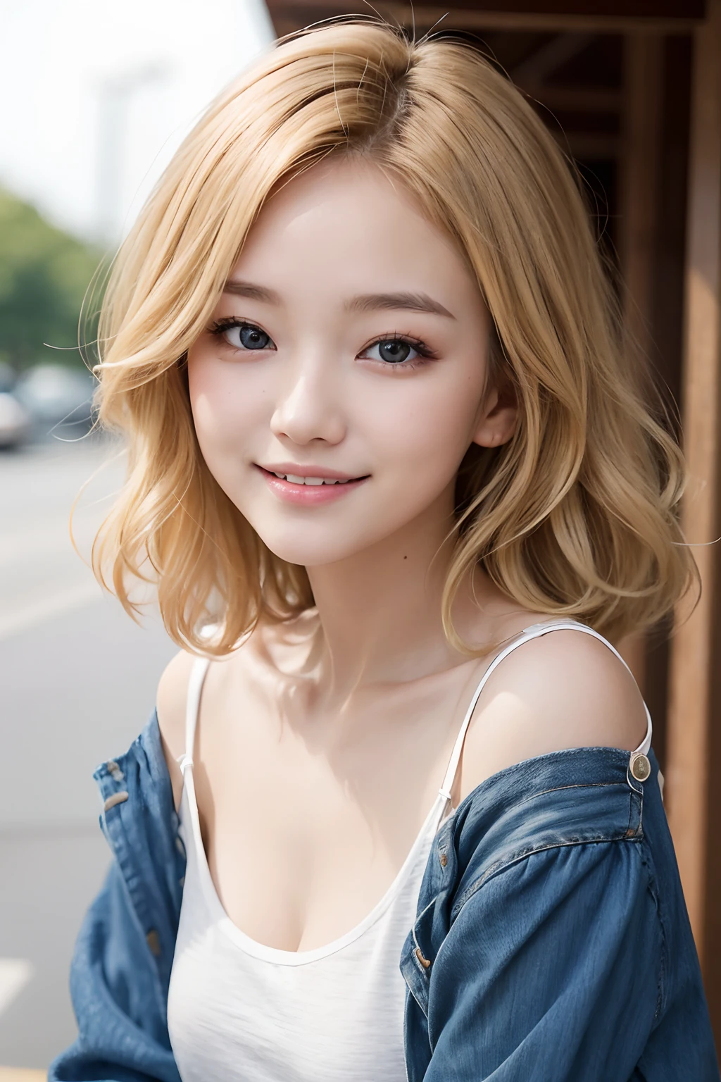 studio light, depth of field, upper body, slender, cute face, smile, beautiful details eyes, 19yo japanese, pretty, Voluminous curls with warm blonde color, Plaza, casual