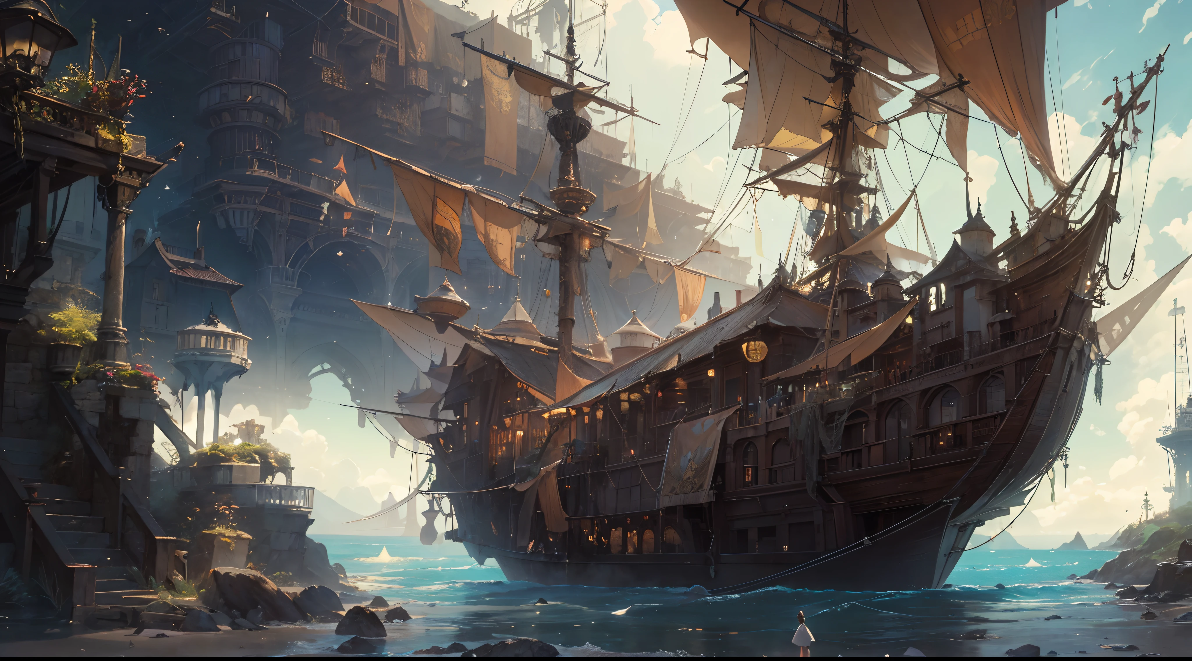 "(by Greg Rutkowski: 1.2), (masterpiece), ((best quality)), extremely delicate and beautiful, illustration, dynamic lighting, (fantasy landscape), A mesmerizing fantasy landscape with enchanting elements blending seamlessly. ((final fantasy flying ship, flying above ocean)), A sense of tranquility and wonder fills the air, inviting exploration and discovery. Providing a distant view that captures the grandeur and atmosphere. From Brian Froud and Carne Griffiths and Wadim Kashin and John William Waterhouse, 8K post-production, high resolution, ((highly detailed)), depth of field, HDR, intricate"