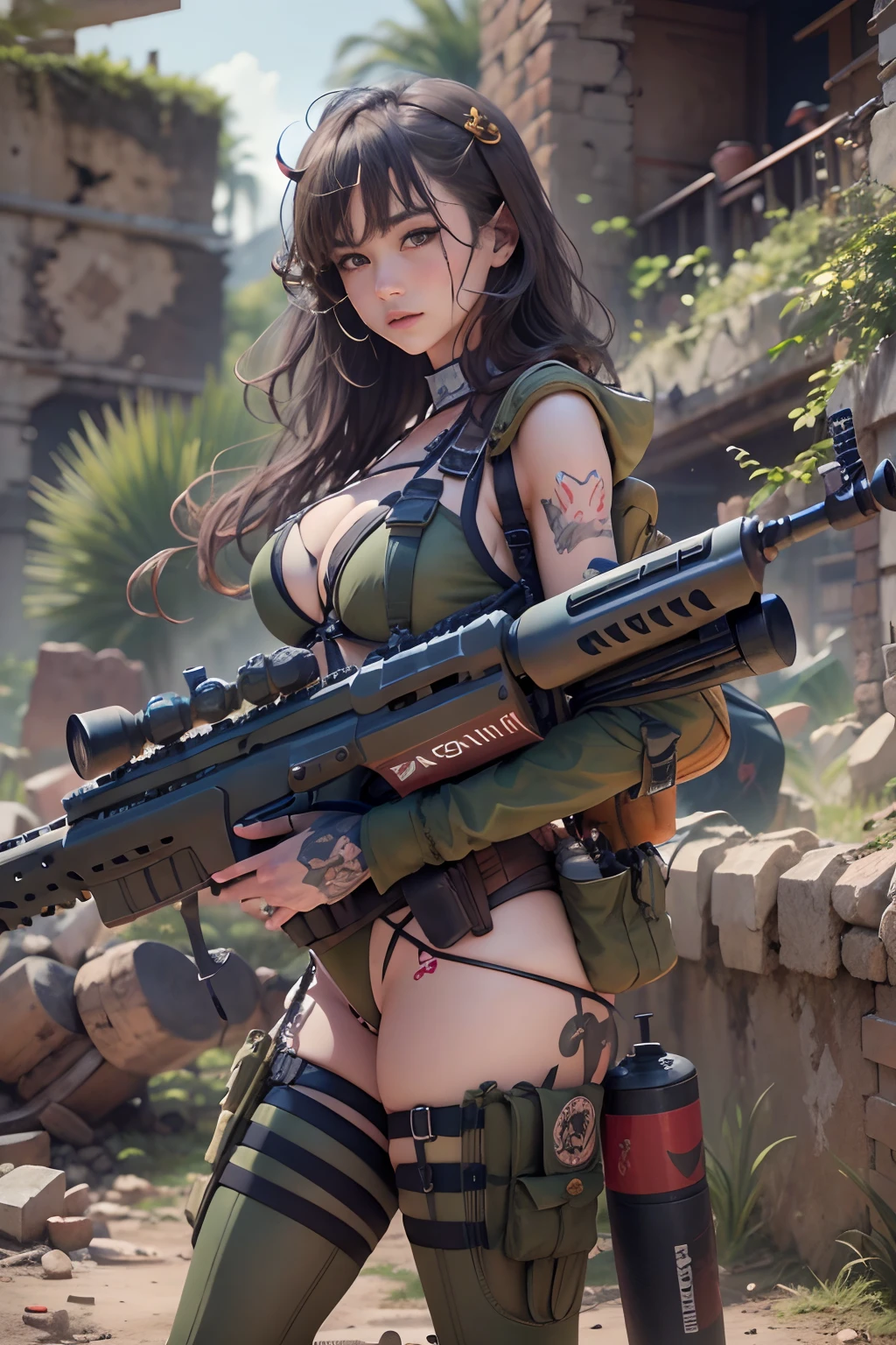 motor irreal:1.4,CG ultra realista 64K, fotorrealista:1.4, textura de la piel:1.4, top 1girl wearing bikini ,gatling gun, shell casing, looking at viewer, bangs, ammunition belt, gloves,saggy breasts,firing,In the picture, a beautiful girl wearing bikini with japanse tattoo,long hair with black messy hair appears，s delicate face，Wearing a bikini metal，standing on ruins，The action of a woman holding a heavy sniper rifle in her hand