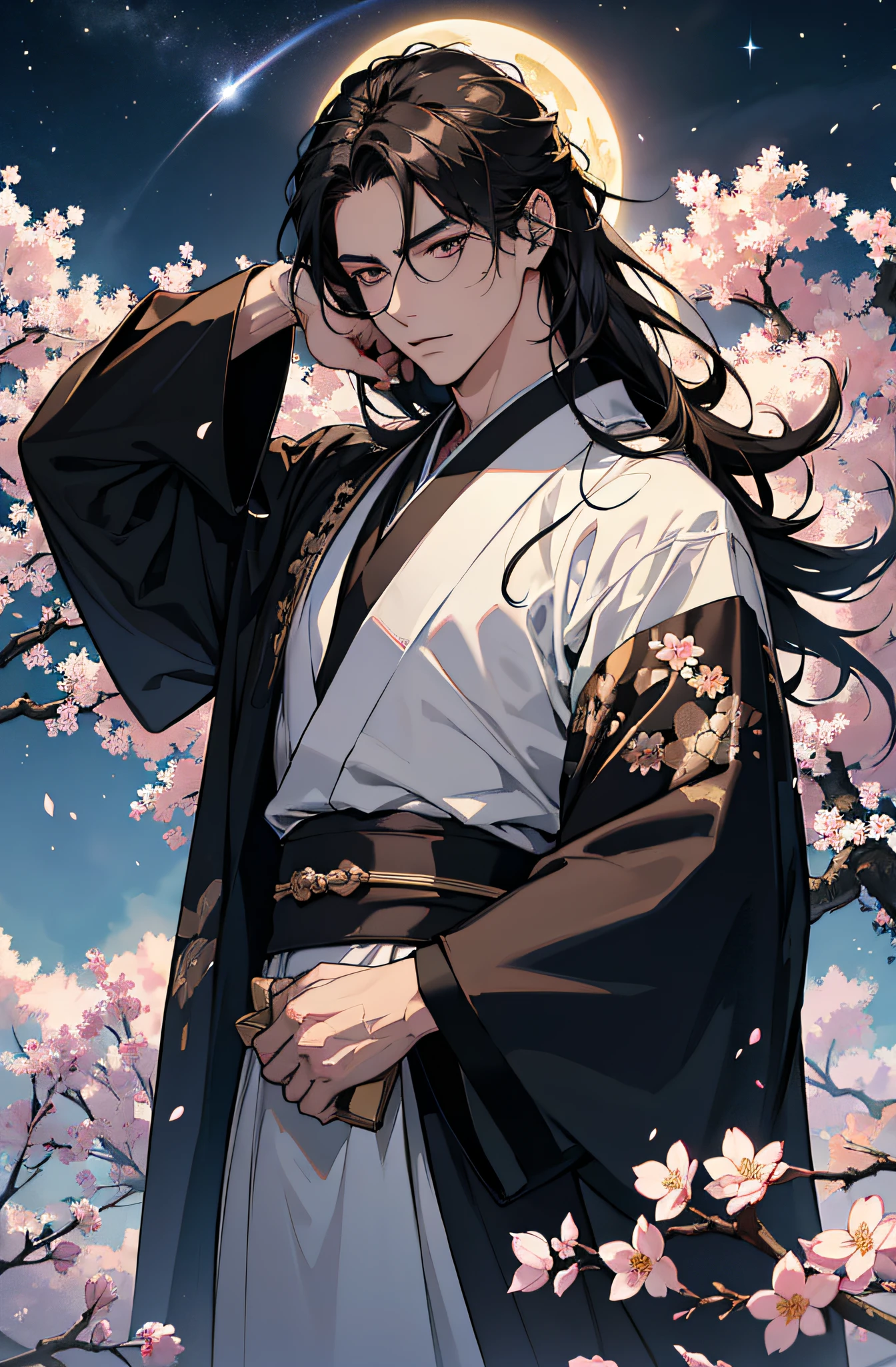 (Meisterwerk), best quality, ultra-high resolution, ((Ein Mann)), masculine, elegant, (japanischer Gott), Tsukuyomi, ausdrucksstarke Augen, Perfektes Gesicht, half body, Blick auf den Betrachter, dutch angle, Cowboy erschossen, (sehr langes, schwarzes, flowy hair), (Goldene Augenfarbe), stattlich, night time, Mondsichel, (Japanische Kleidung), (schwarz-blauer Kimono), (Extrem detaillierte Kleidung), cherry blossoms, Dynamisches Licht, Beautiful colors, Milky Way, FESTPLATTE