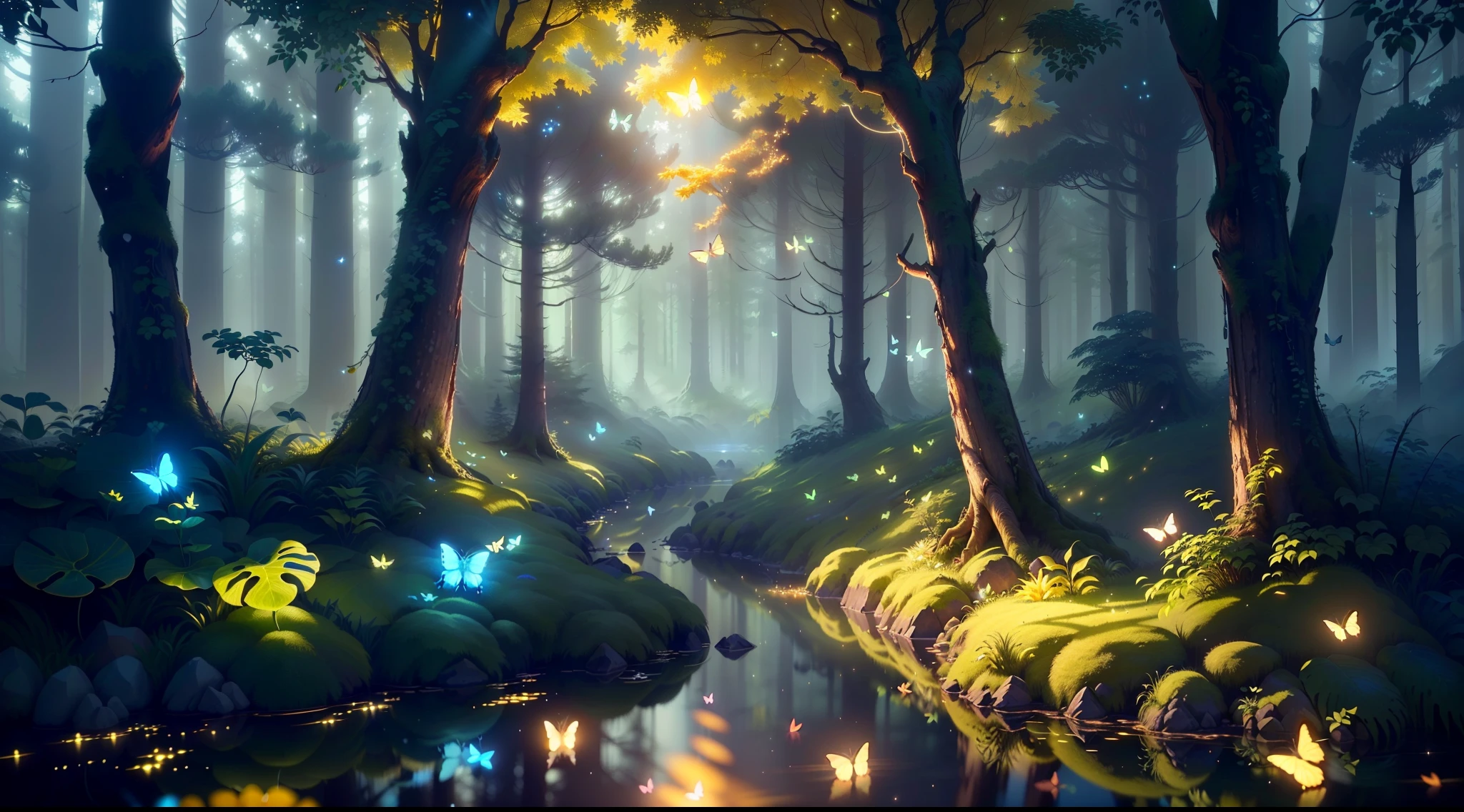 A masterpiece, the best quality, stunning reflections, the best reflections ever. (very detailed CG unity 8k wallpapers), (best quality), (best illustrations), (best shadows), forest theme with natural elements. Tall trees, quiet streams, small glowing mushrooms surrounded by delicate leaves and branches, with fireflies and glowing particle effects,, (natural elements), (jungle theme), (leaves), (twigs), (fireflies), butterflies, (delicate leaves), (glow), (particle effects). , Isometric 3D, Octane Rendering, Ray Traced, Super Detailed, deer