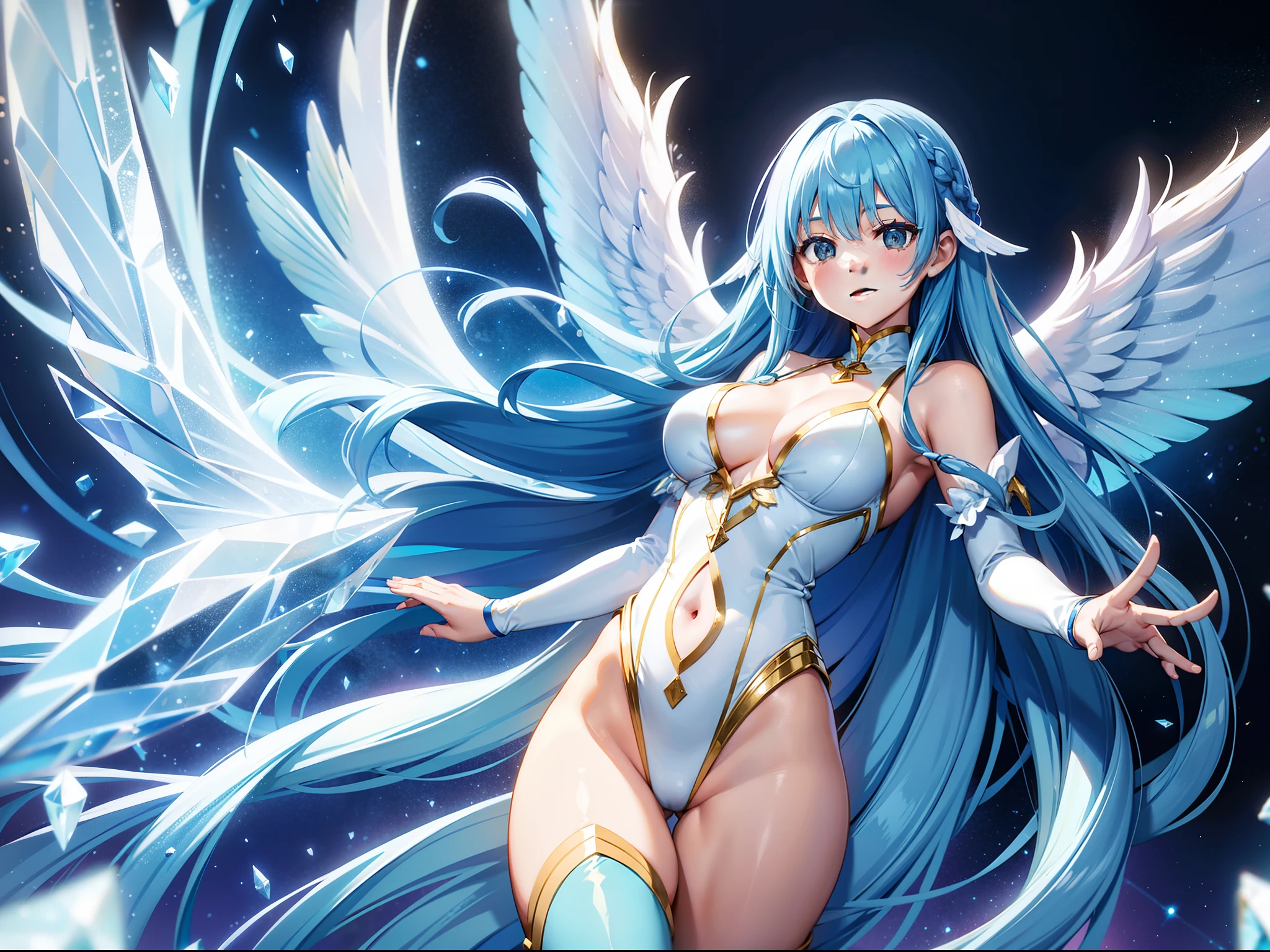 Beautiful girl with blue hair,A charming smile、angelicales,Wearing a plain white leotard,Crystal brilliant on background,french braids,long blue hair,Stand in a Golden Wonderland,Behind him are big big wings。