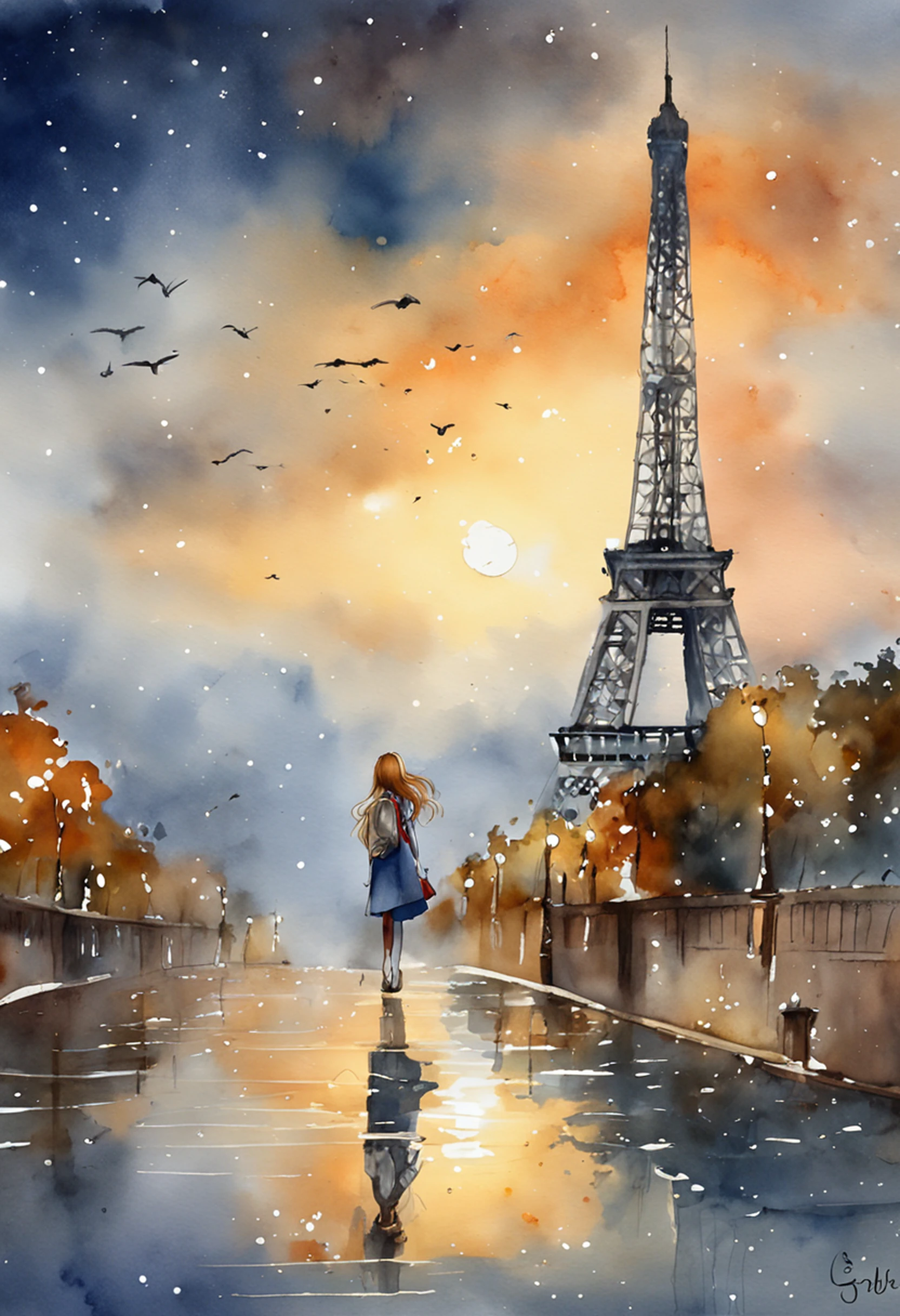 (8K、top-quality、masterpiece:1.2)、 (realisitic、Photorealsitic:1.37)、 ultra-detailliert、DJSODA、 1 girl in、full bodyesbian、Wearing a turtleneck sweater and skinny jeans、Standing in the streets of Paris with the Eiffel Tower in the background、 cute little、 Beautiful detailed sky、night, dark, moon, tiny chest、 beatiful detailed eyes、 (length hair:1.2)、 Floating Hair Novafrog Style、