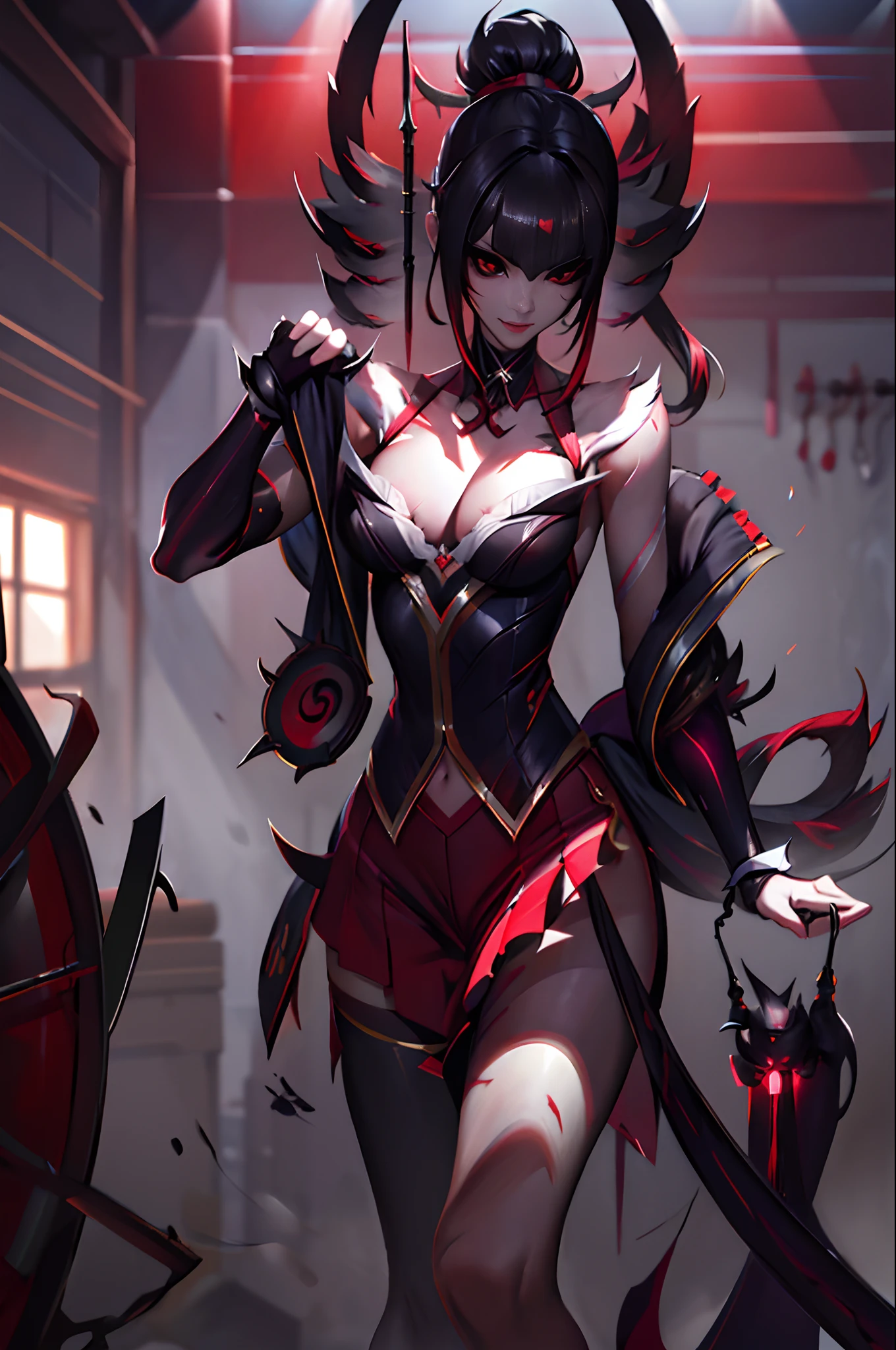 (Cinematic Digital Artwork: 1.3), High quality, masutepiece, of the highest quality, Super Detail, Illustration, [4K Digital Art]、 lndswgnr, (Sharp Focus: 1.5), (Moody lighting:1.2), depth of fields, Bokeh, 4K 、(​masterpiece:1.2、top-quality), 1lady, 独奏, student clothes, Locker Room、dim room、turning off lights、bionde, Twin-tailed, red eyes, Open Collabora Bone, darkskin, (opened breast:1.1),Villain、Bad girl、make - up、Erotic Girls
