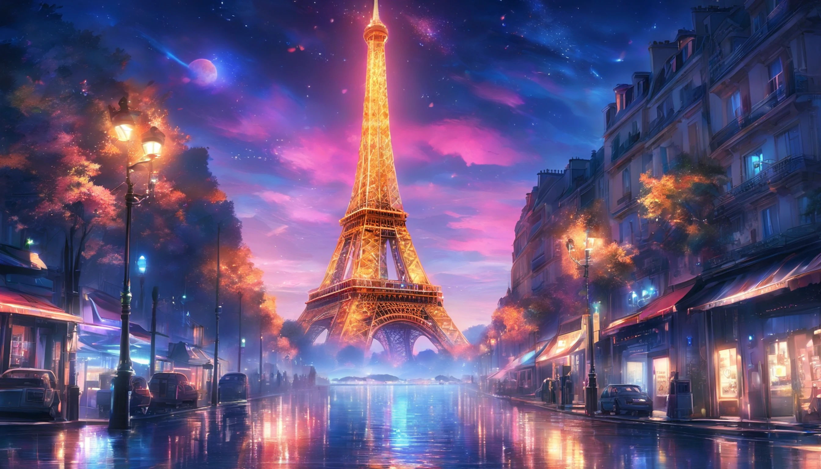 The Eiffel Tower、The Eiffel Tower overlooks the streets of Paris、Eiffel Tower renovated in 2077、The Eiffel Tower has a stronger presence than conventional objects、Eiffel Tower in the near future、Eiffel Tower at night、Eiffel Tower illuminated by neon lights、night cityscape、