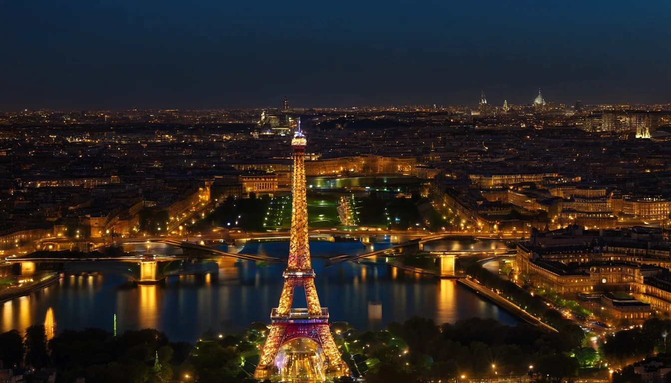 a Torre Eiffel、A Torre Eiffel tem vista para as ruas de Paris、Torre Eiffel renovada em 2077、The Eiffel Tower has a stronger presence than conventional objects、Eiffel Tower in the near future、Eiffel Tower at night、Eiffel Tower illuminated by neon lights、Paisagem urbana noturna、