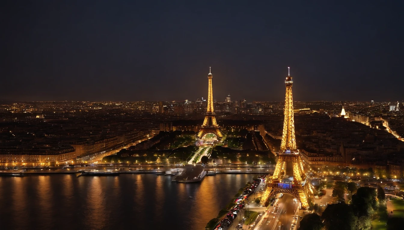 a Torre Eiffel、A Torre Eiffel tem vista para as ruas de Paris、Torre Eiffel renovada em 2077、The Eiffel Tower has a stronger presence than conventional objects、Eiffel Tower in the near future、Eiffel Tower at night、Eiffel Tower illuminated by neon lights、Paisagem urbana noturna、