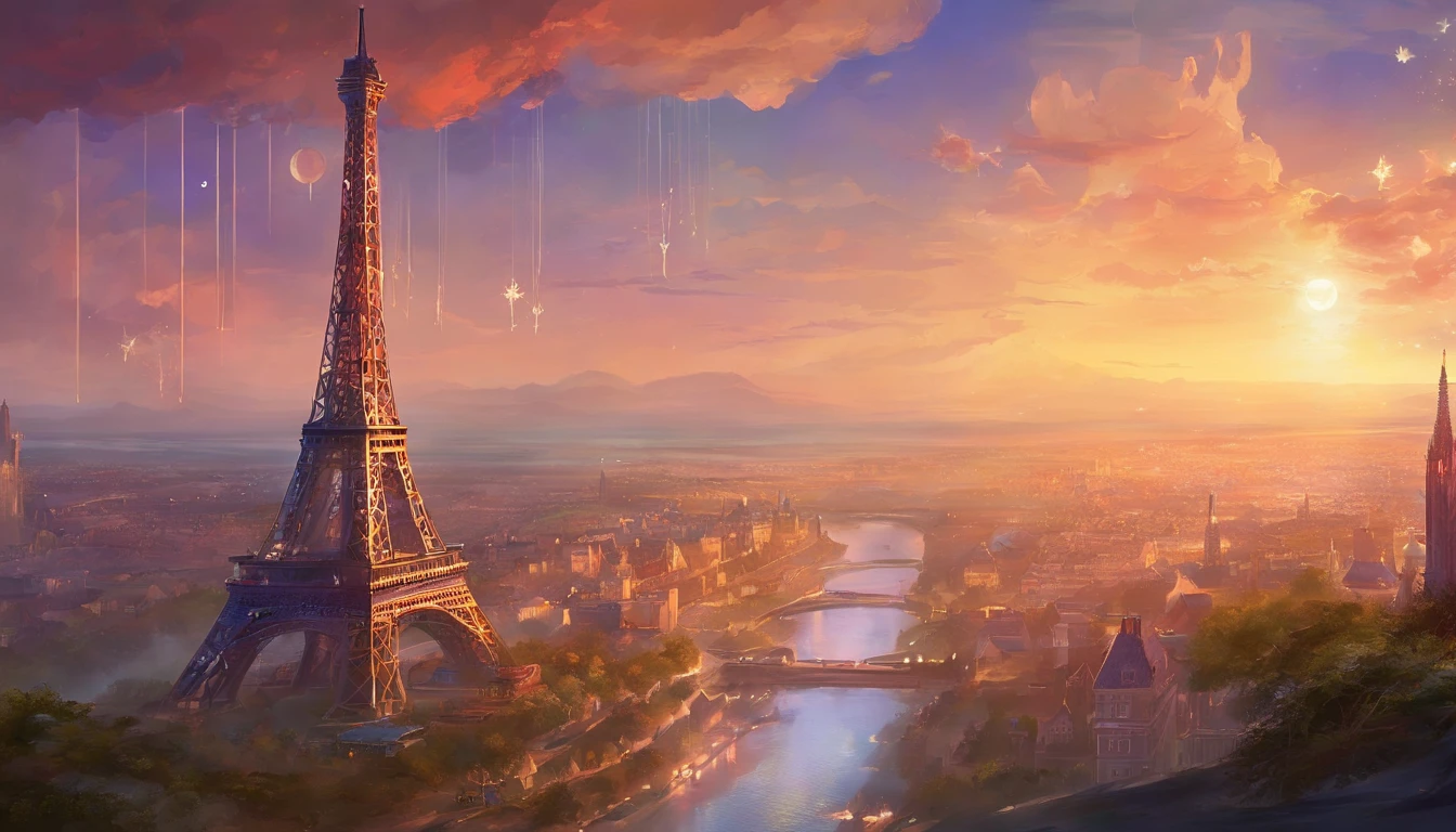 a Torre Eiffel、A Torre Eiffel tem vista para as ruas de Paris、Torre Eiffel renovada em 2077、The Eiffel Tower has a stronger presence than conventional objects、Eiffel Tower in the near future、Eiffel Tower at night、Eiffel Tower illuminated by neon lights、Paisagem urbana noturna、