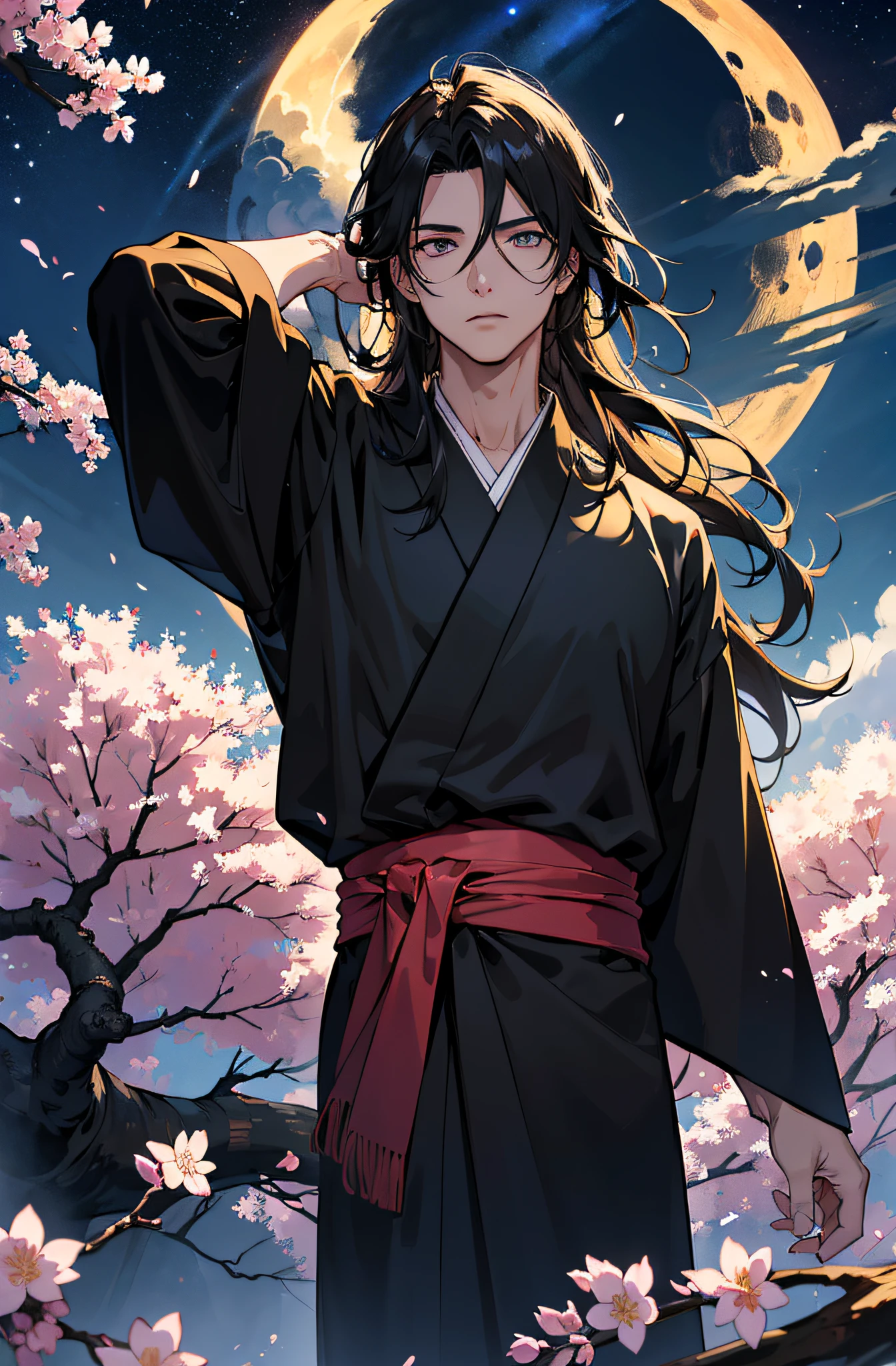 (Meisterwerk), best quality, ultra-high resolution, ((Ein Mann)), masculine, elegant, (japanischer Gott), Tsukuyomi, ausdrucksstarke Augen, Perfektes Gesicht, half body, Blick auf den Betrachter, dutch angle, Cowboy erschossen, (sehr langes, schwarzes, flowy hair), (Goldene Augenfarbe), stattlich, night time, Mondsichel, (Japanische Kleidung), (schwarz-blauer Kimono), (Extrem detaillierte Kleidung), cherry blossoms, Dynamisches Licht, Beautiful colors, Milky Way, FESTPLATTE