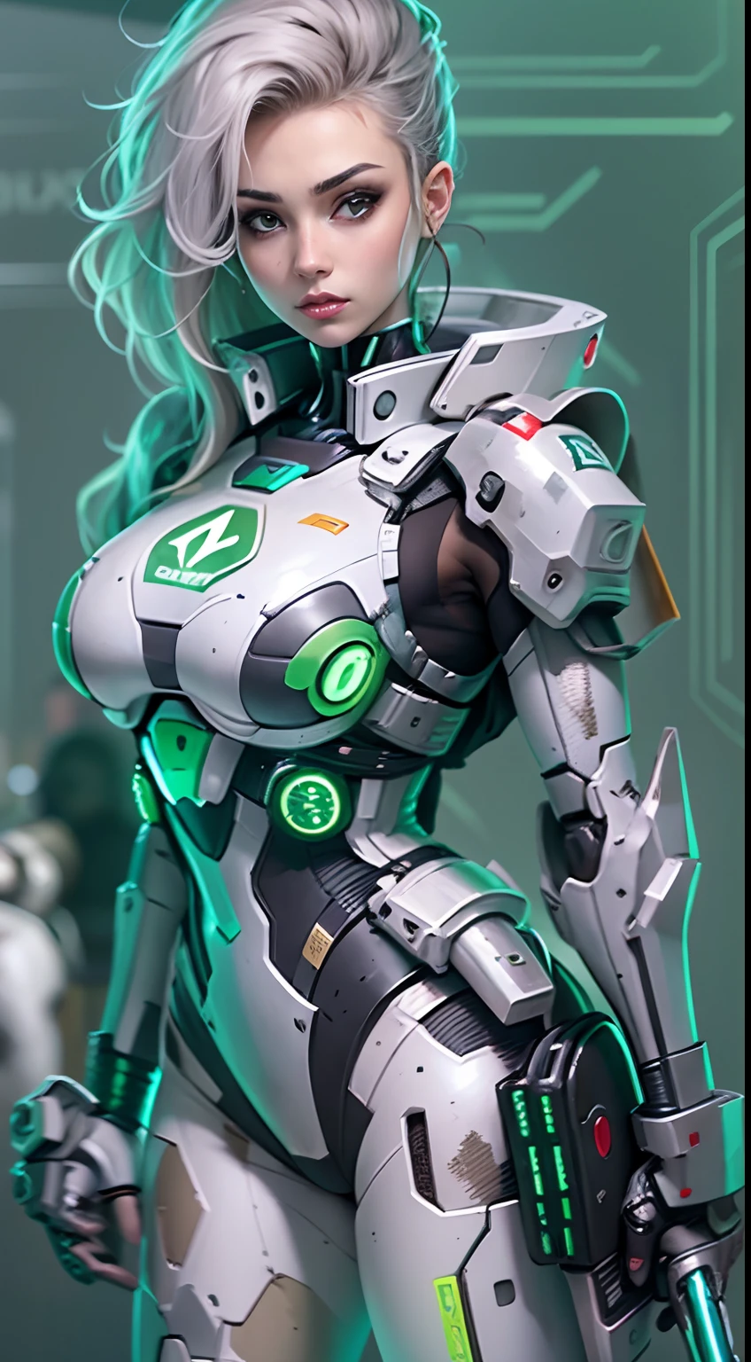 1 chica Soldado estilo pistola en el fondo, Chica en Mech Blanco, Cyberpunk anime chica mecha, Wearing sci-fi military armor, Hermosa chica blanca cyborg, Cyborg - Chica de plata, Mech blanco de Fira, Eco de Overwatch, Perfecto anime cyborg mujer, Pupilas azules, Cinco dedos, CGhSociety inspirado