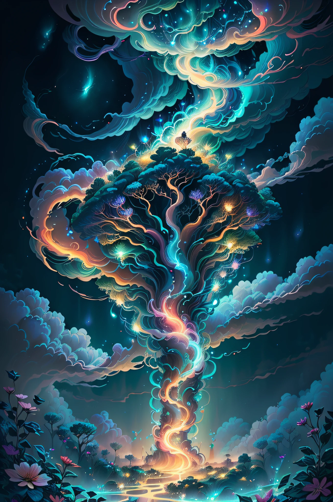 (Swirling clouds and colorful flowers), (forest fireflies fantasy korean Fairy tale world), (midnight), (Irregular), (mysterious), (ridiculous), dreamy, disney, t shirt design, vector,