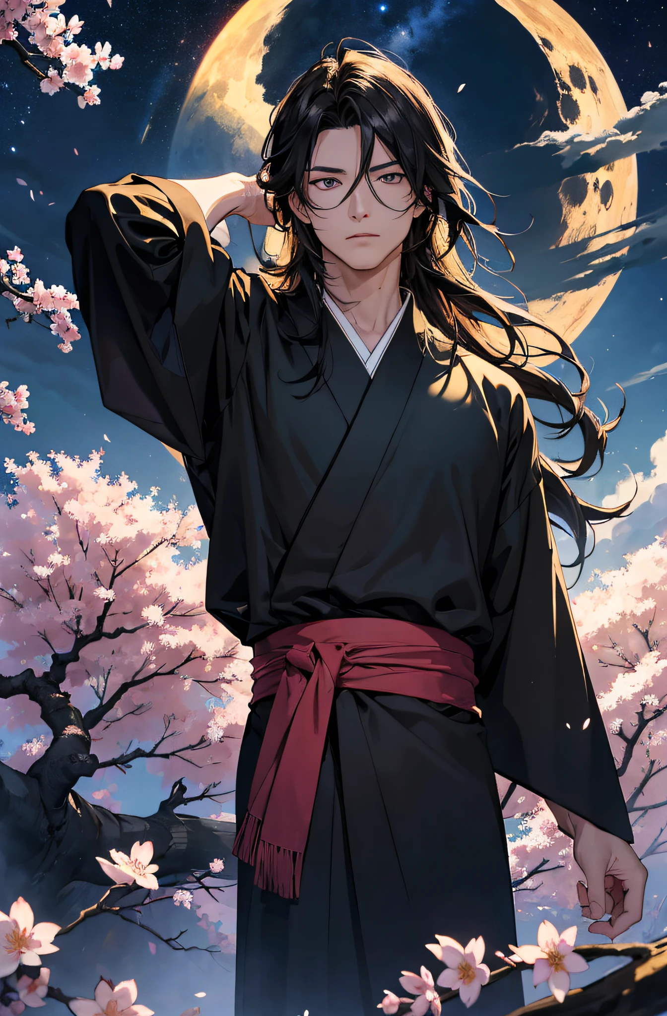 (Meisterwerk), best quality, ultra-high resolution, ((Ein Mann)), masculine, elegant, (japanischer Gott), Tsukuyomi, ausdrucksstarke Augen, Perfektes Gesicht, half body, Blick auf den Betrachter, dutch angle, Cowboy erschossen, (sehr langes, schwarzes, flowy hair), (Goldene Augenfarbe), stattlich, night time, Mondsichel, (Japanische Kleidung), (schwarz-blauer Kimono), (Extrem detaillierte Kleidung), cherry blossoms, Dynamisches Licht, Beautiful colors, Milky Way, FESTPLATTE