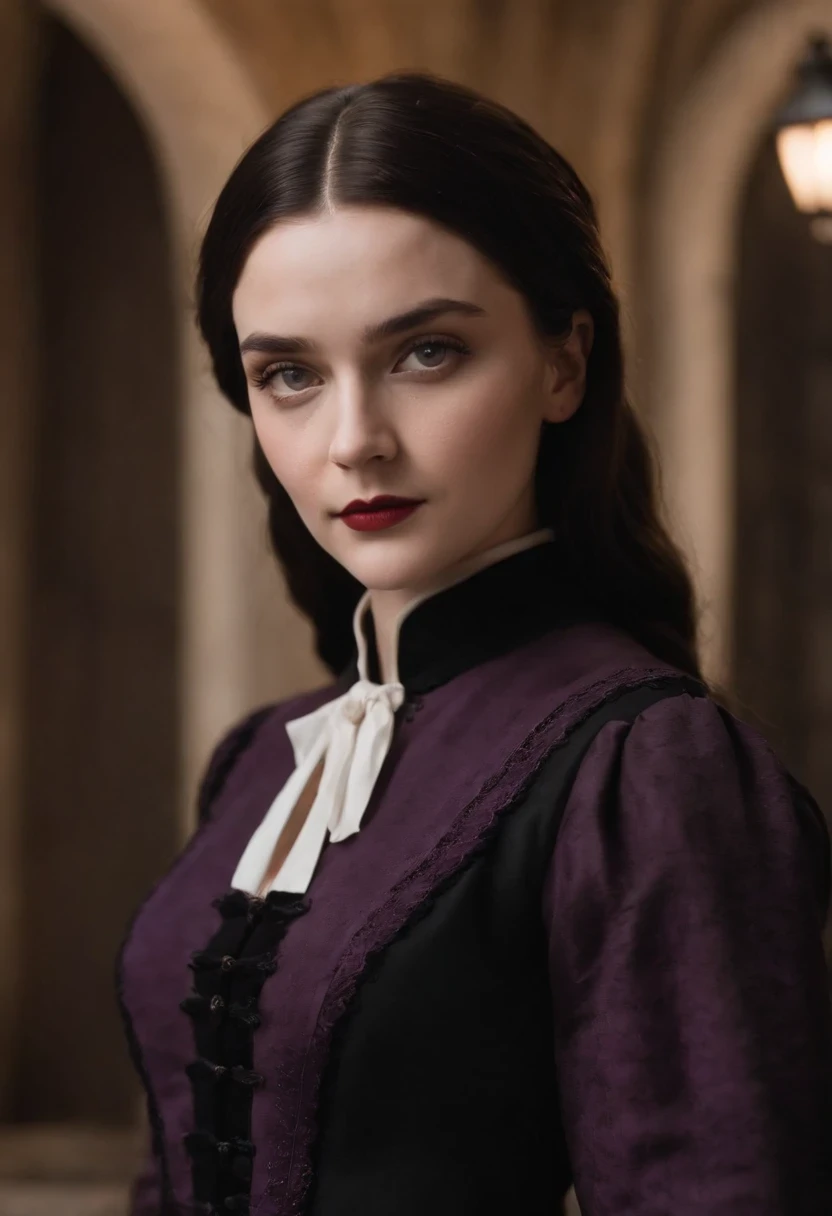 Wednesday addams, mulher em torno de 19 anos, cabelos longos pretos e soltos naturais, olhos negros distintos, vestindo uniforme da escola nunc mais, slender and gracious, Beautiful, luz de velas em um ambiente medieval, Ultra sharp focus, estilo realista, roupas femininas medievais, cores roxo e preto