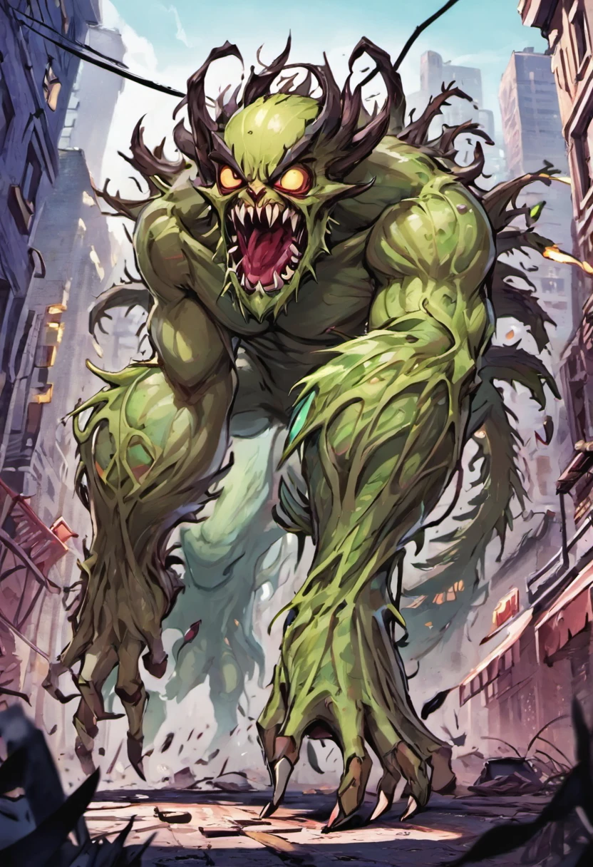 Scary Ent monster, colossal shape, spider-like monster, dryad-like monster, green scale covering the whole body, big leafs and spikes running through the body, sharp claws and fangs, blue eyes, destroying a city, with a ruined city in the background ((concept art))