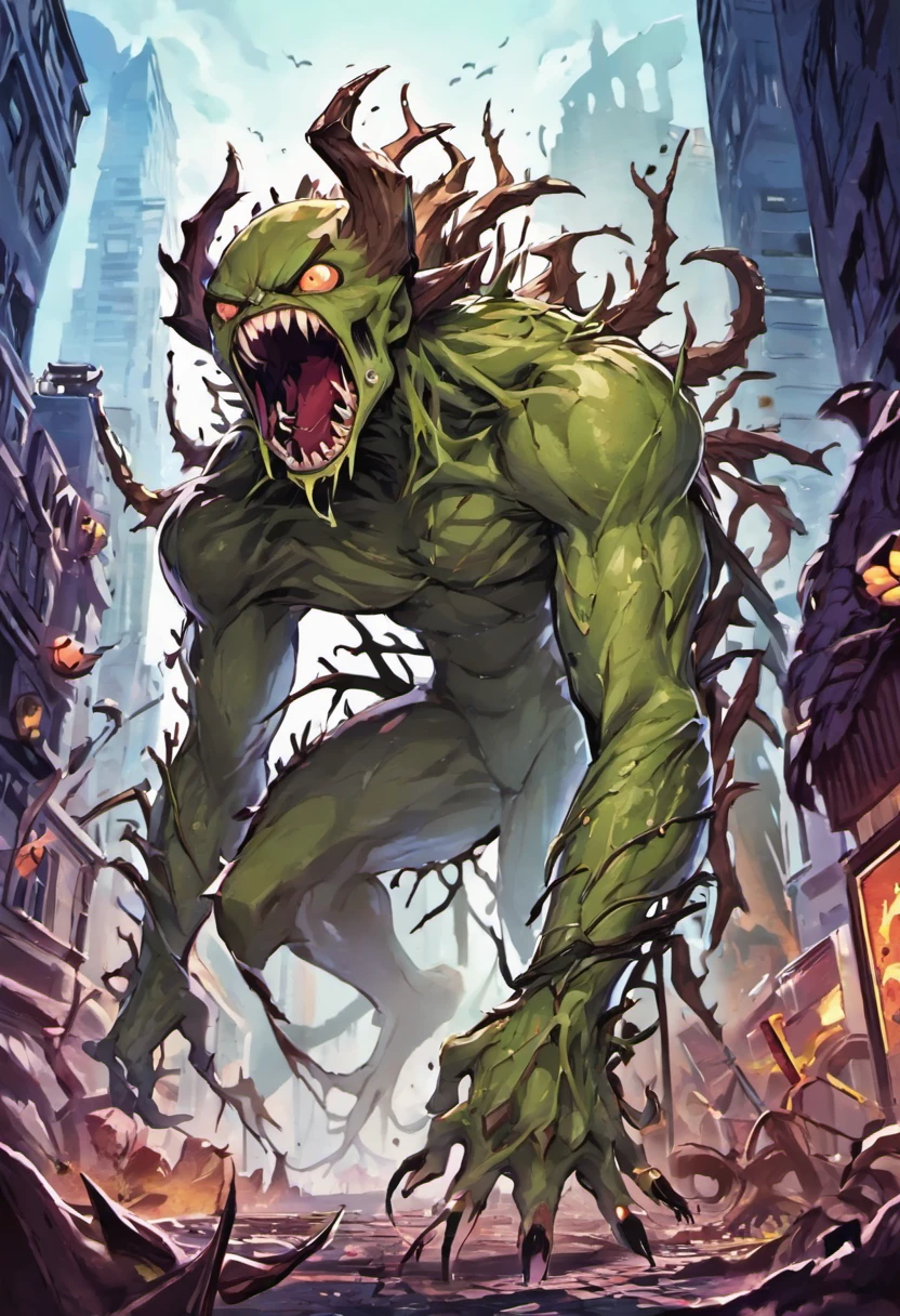 Scary Ent monster, colossal shape, spider-like monster, dryad-like monster, green scale covering the whole body, big leafs and spikes running through the body, sharp claws and fangs, blue eyes, destroying a city, with a ruined city in the background ((concept art))