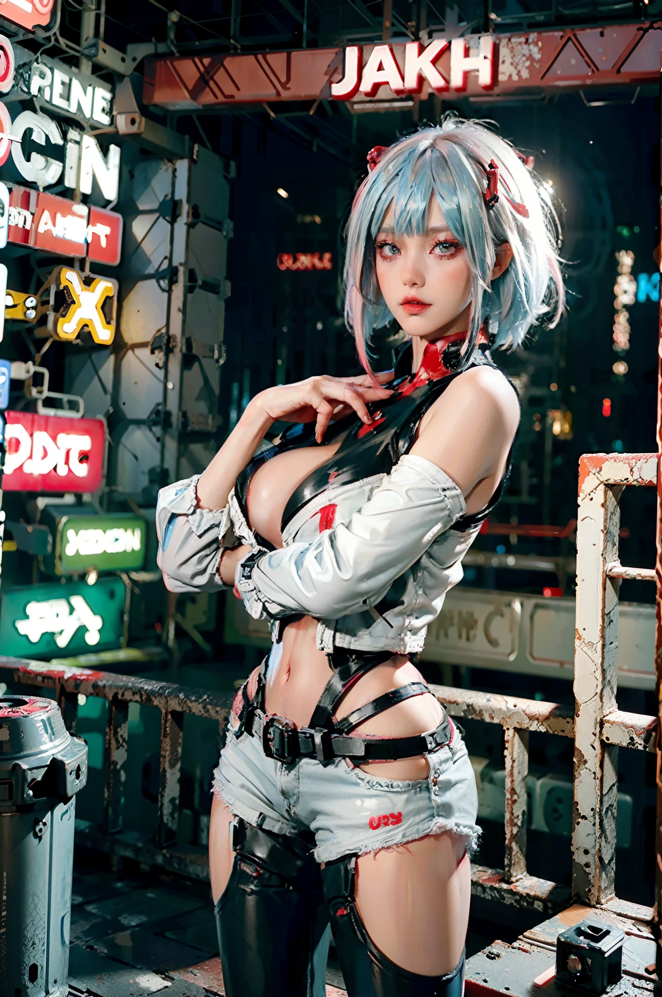 lucy_cyberpunk, cowboy shot, 1 sweet girl,white short hair, bangs,(gigantic breasts:1.5) ((red eyeliner)), ((makeup)),red lips, white off-shouler jacket, black bodysuit, bare shoulders, white shorts, hip vent, (dynamic pose), looking at viewer, upper body,fantasy, high contrast,cityscape, neon lights, neon trim, ((cyberpunk)),