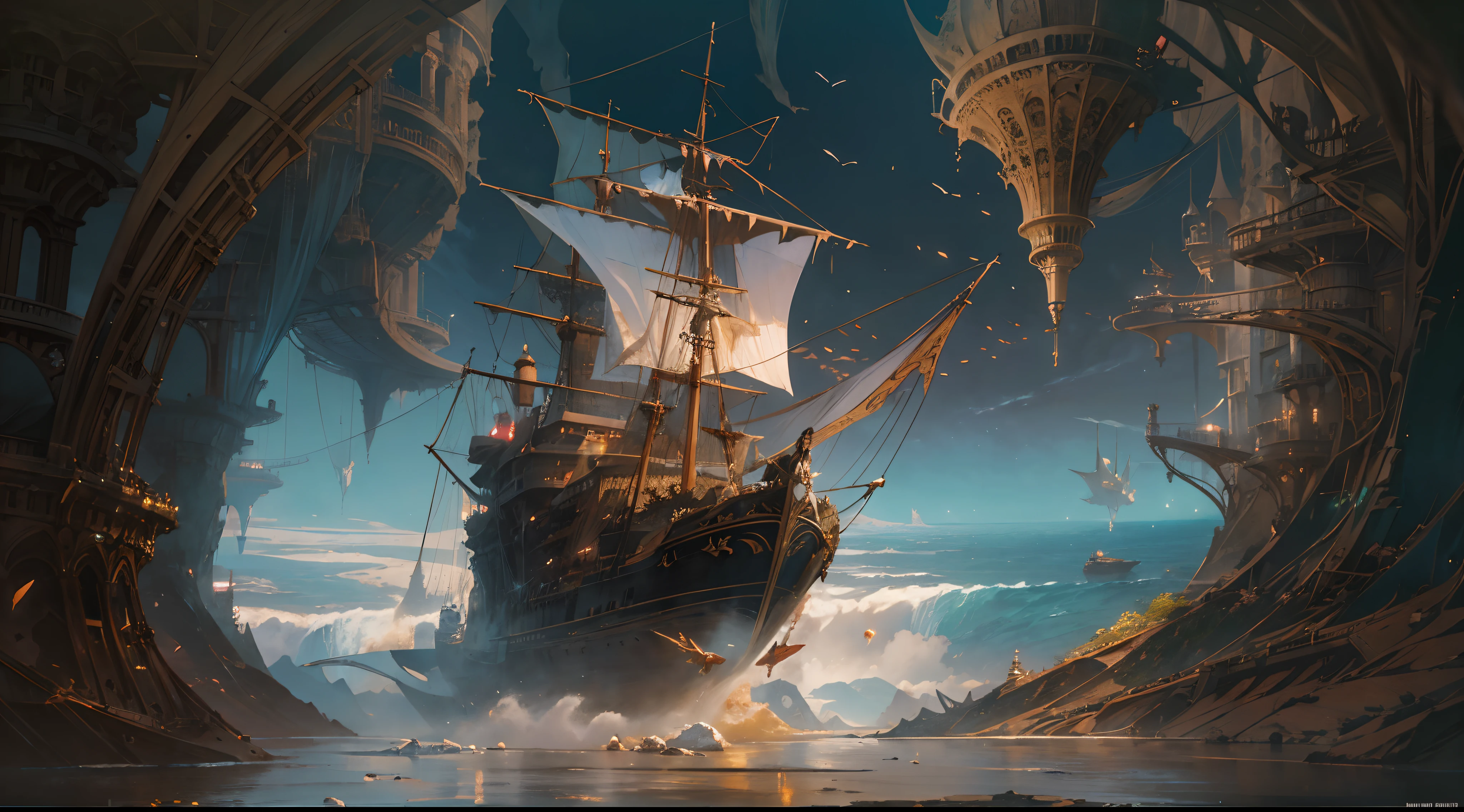 "(by Greg Rutkowski: 1.2), (masterpiece), ((best quality)), extremely delicate and beautiful, illustration, dynamic lighting, (fantasy landscape), A mesmerizing fantasy landscape with enchanting elements blending seamlessly. ((fantasy flying ship, flying above ocean)), A sense of tranquility and wonder fills the air, inviting exploration and discovery. Providing a distant view that captures the grandeur and atmosphere. From Brian Froud and Carne Griffiths and Wadim Kashin and John William Waterhouse, 8K post-production, high resolution, ((highly detailed)), depth of field, HDR, intricate"