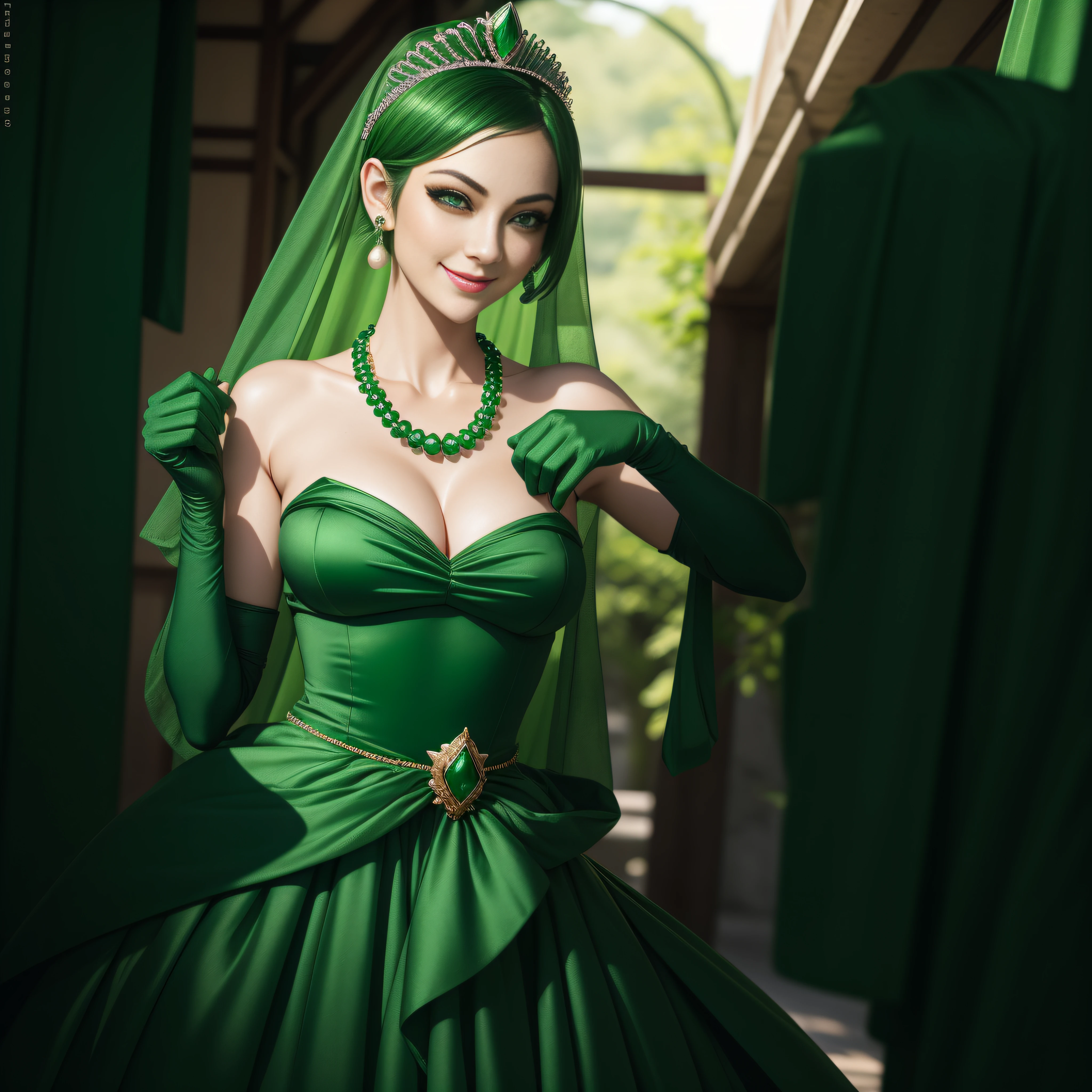 emerald tiara, Green Pearl Necklace, Boyish very short green hair, lipsticks, Japan woman smiling, very short short hair, big breasts beautiful, Green eyes, Long green gloves made of satin material, Green eyes, Emerald Earrings, Green dress