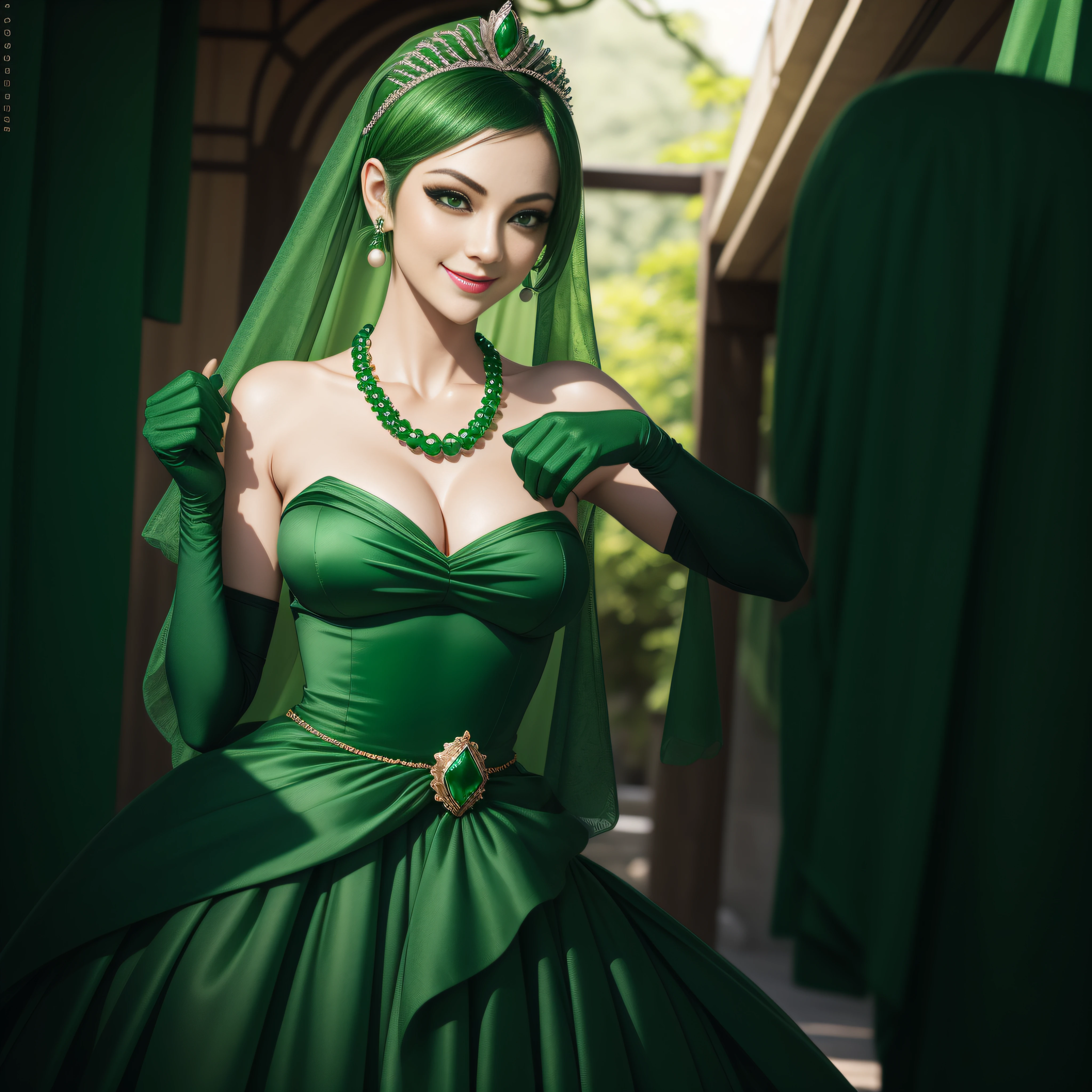 emerald tiara, Green Pearl Necklace, Boyish very short green hair, lipsticks, Japan woman smiling, very short short hair, big breasts beautiful, Green eyes, Long green gloves made of satin material, Green eyes, Emerald Earrings, Green dress