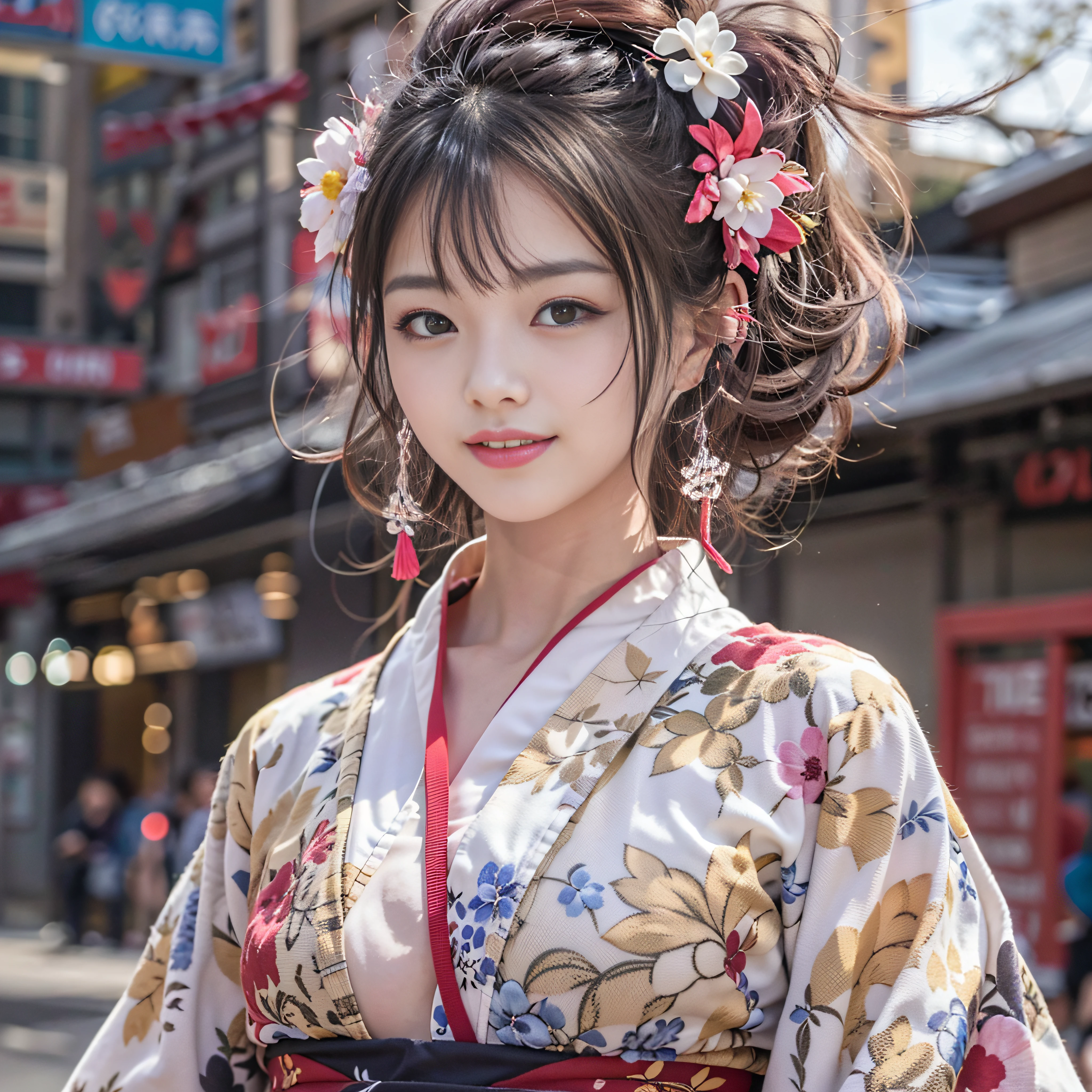 1人、on tokyo street、A city scape、The upper part of the body、wearing Japanese kimono、Piercing with a kanzashi with hair up、a closeup、A smile、、(8K、Raw photography、top-quality、masterpiece:1.2)、(realisitic、photoRealstic:1.37)、Highly detailed eyelash drawing、(((Top image quality))),Colossal tits、Fine skin, (Beautiful hair), (Perfect Anatomy), (Realistic), (Dynamic Angle), Pose Seductive,Perfect,Sensual look、top-quality、hight resolution、