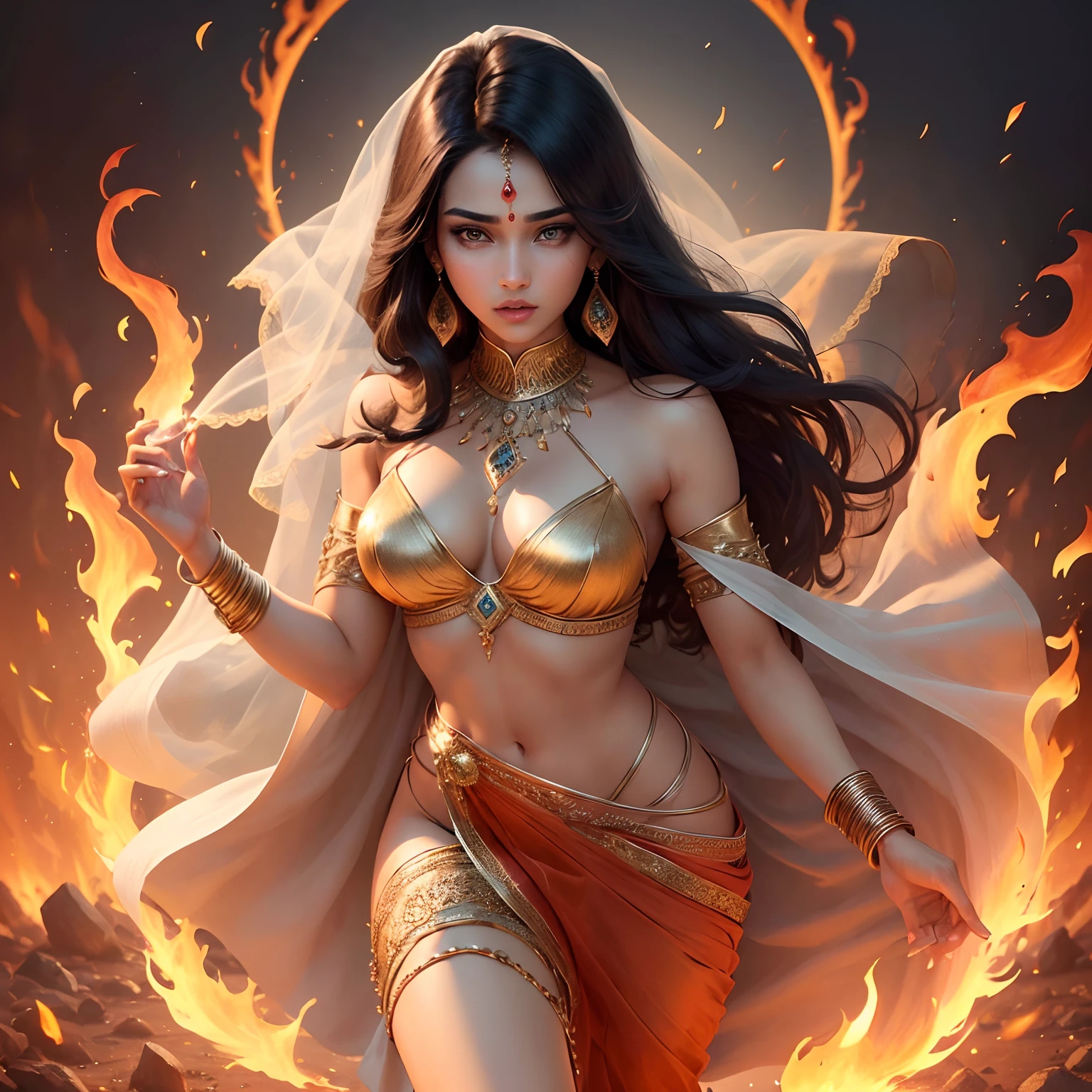 (Best Quality,Ultra-detailed,Realistic:1.37)、Indian cursers attack with flame magic、An 18-year-old woman、(Sharp eyes:1.5)、attractive beautiful face、Indian Women's Makeup、Aggressive look、Stylish saree、Wheat-toned skin、Light veil on the head、Crystal jade、Radiates flames from the palm of your hand、magic circles、Full body